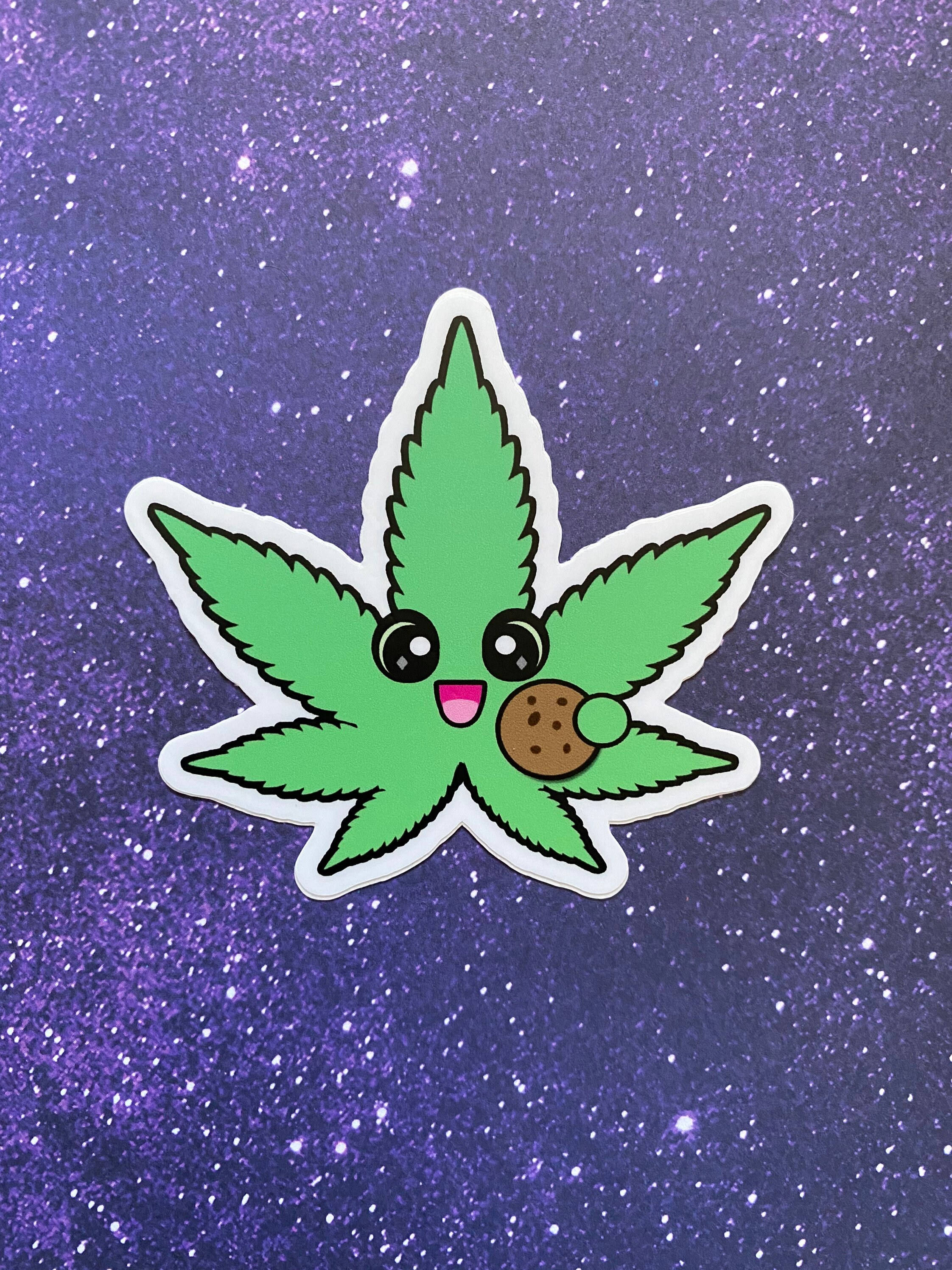 cartoon weed, cute green cannabis leaf sticker, big eyes, 2K Phone Wallpaper