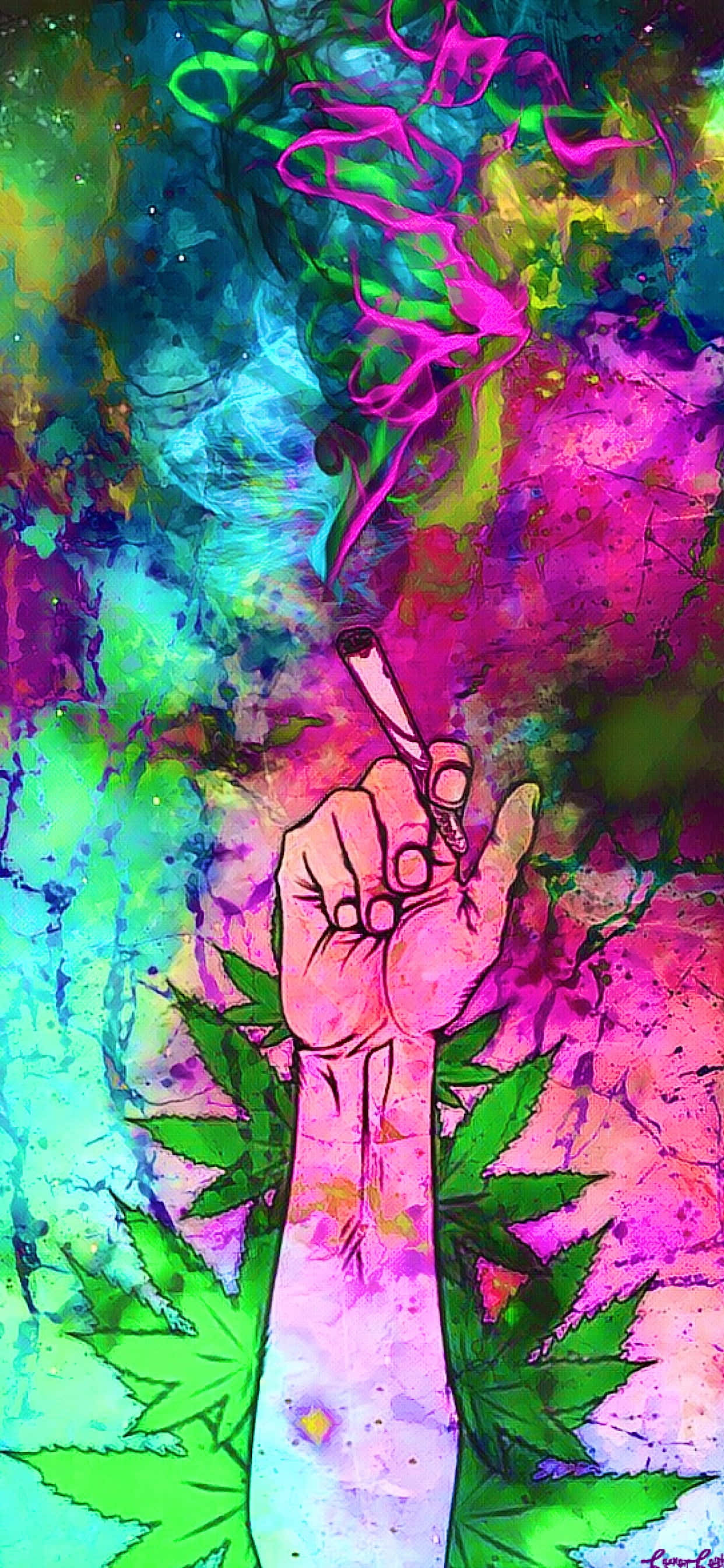 Psychedelic Weed, pink and green smoke, psychedelic watercolor background, 2K Phone Wallpaper
