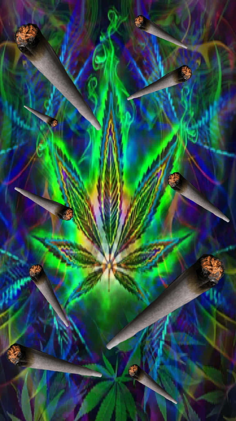 psychedelic marijuana joint, cannabis joint, glowing green cannabis leaves, HD Phone Wallpaper