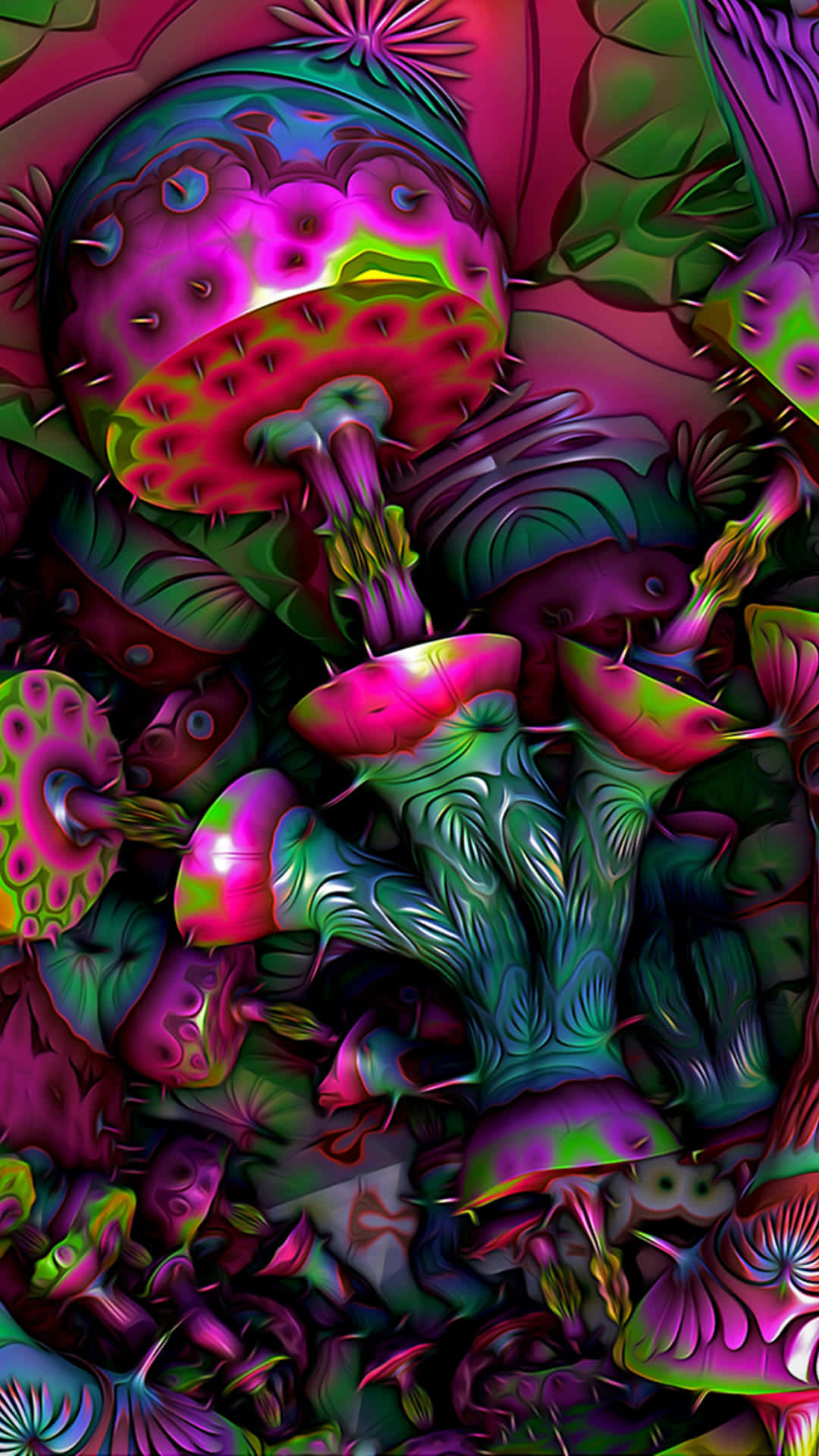 psychedelic mushrooms, glowing caps, spiky stems, Full HD Phone Wallpaper