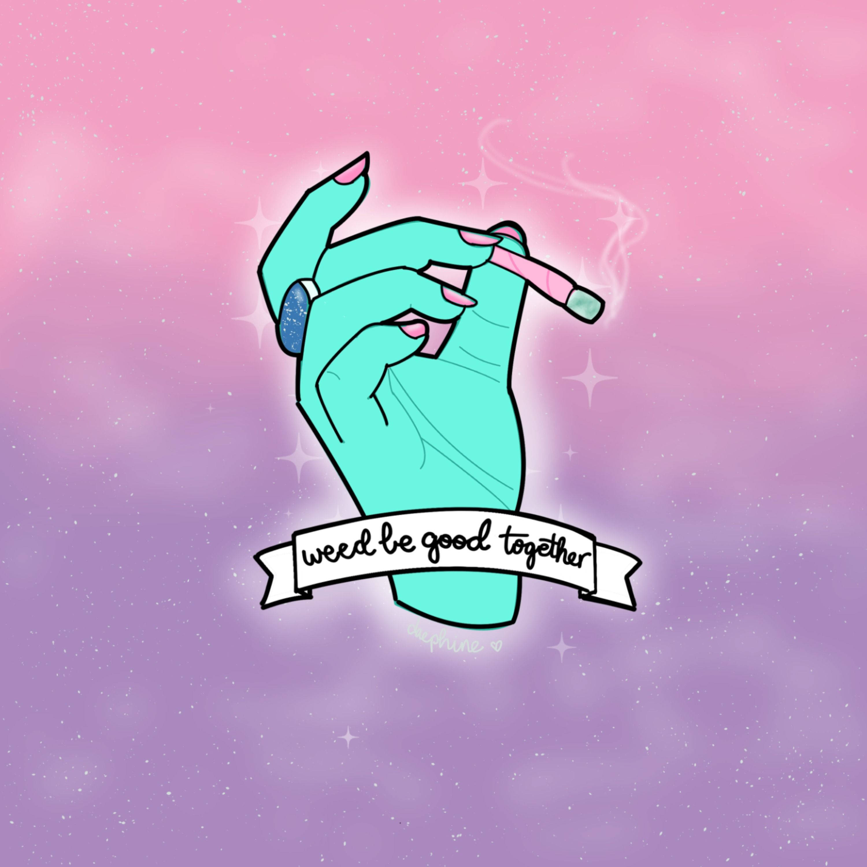 teal illustrated hand, pink joint, sparkling pink and purple gradient sky, 2K Desktop Wallpaper