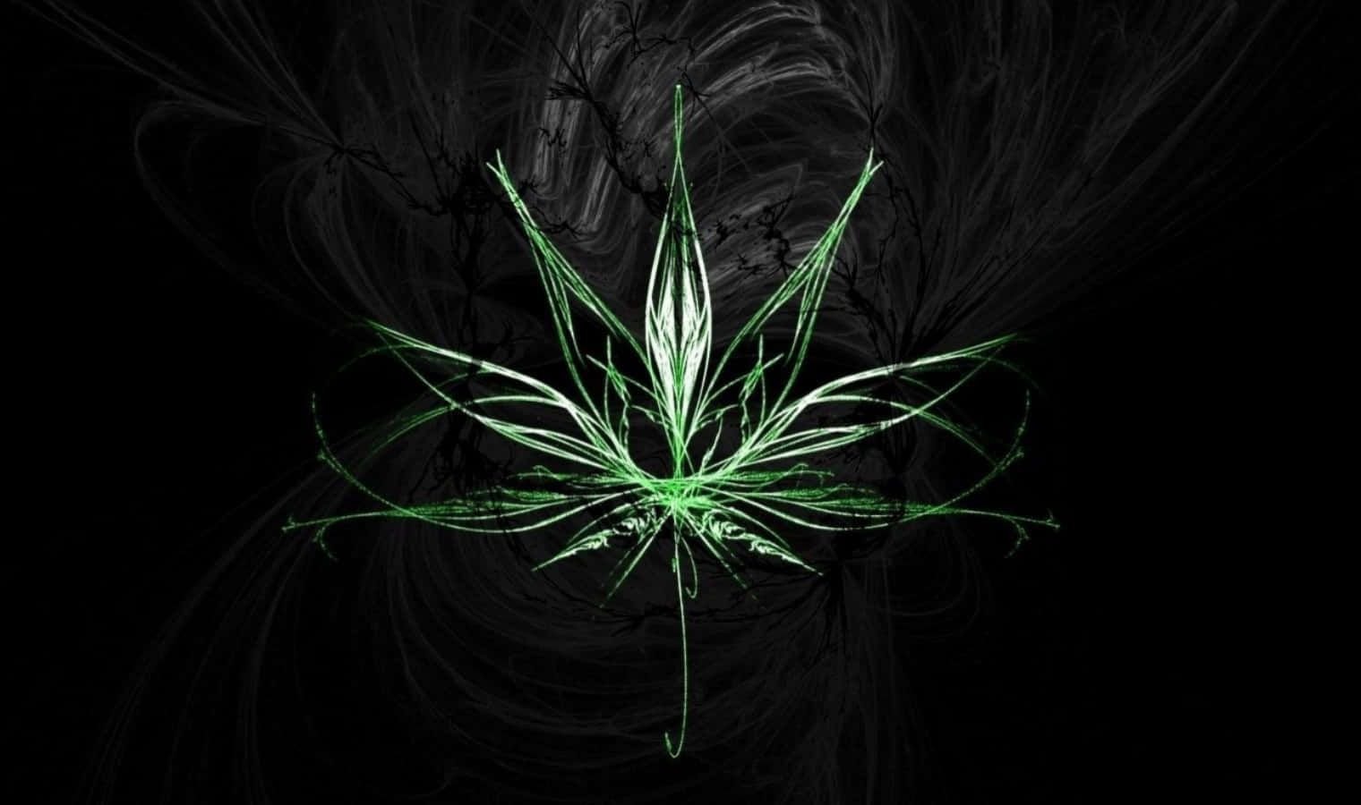 glowing green cannabis leaf, swirling black and gray fractal background, shit dope weed, HD Desktop Wallpaper
