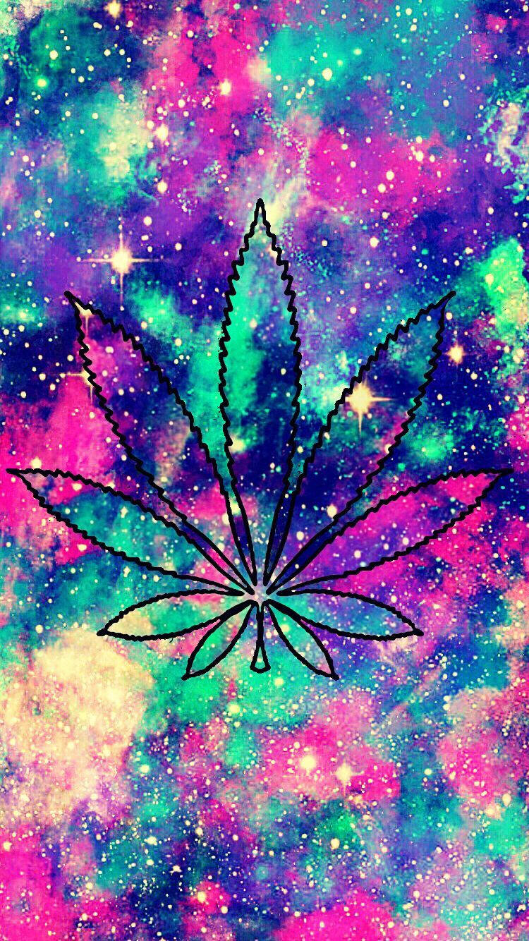 cannabis leaf, cosmic nebula, pink teal, HD Phone Wallpaper
