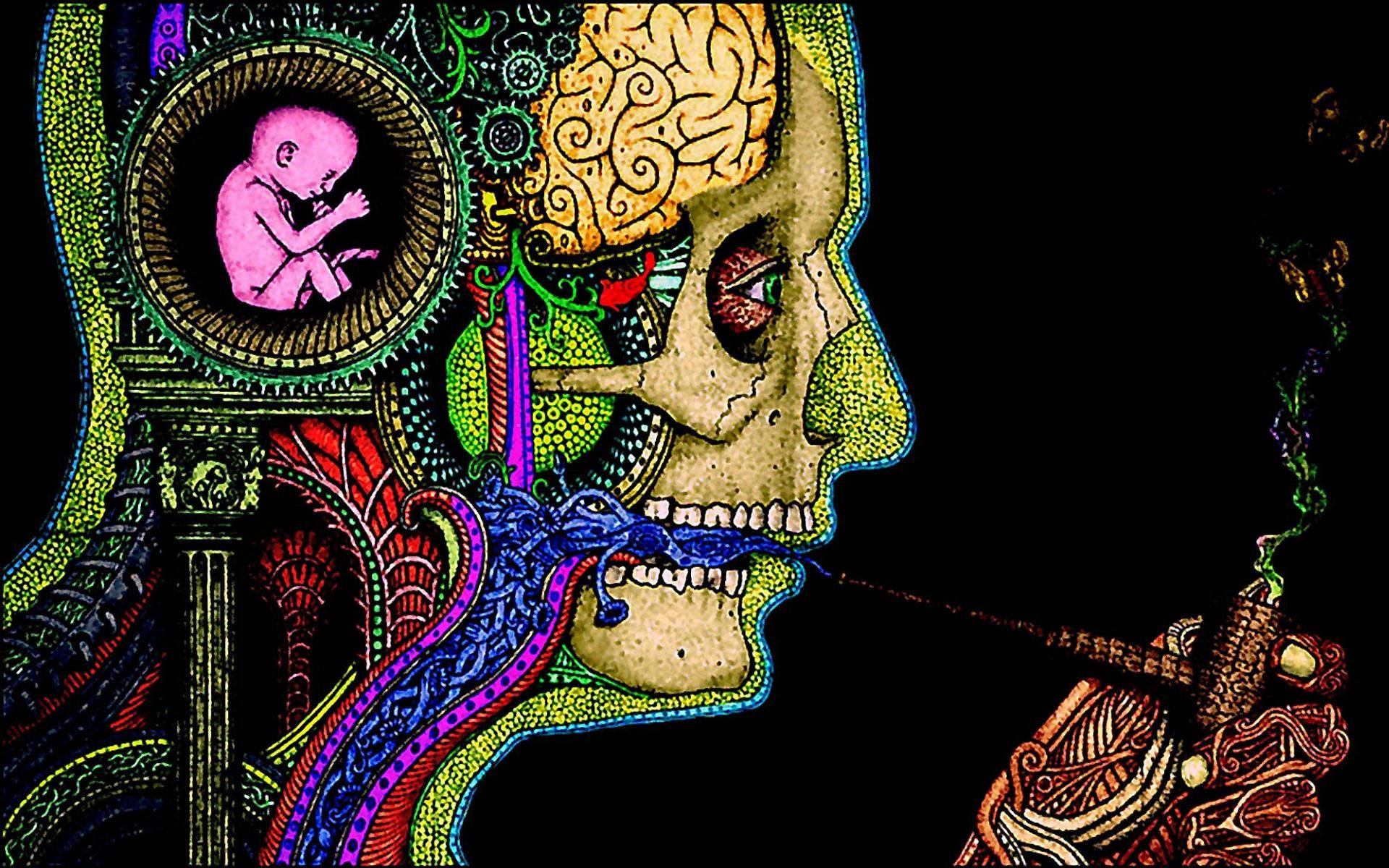 stained-glass style skull profile, fetus in a clock, smoking a pipe, Full HD Desktop Wallpaper