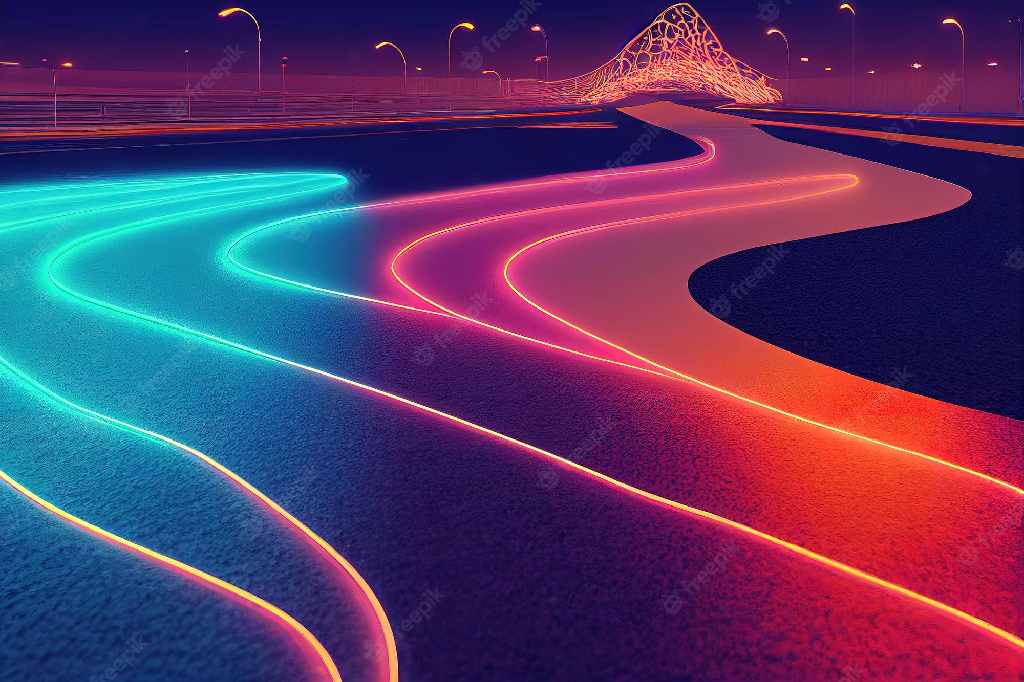 glowing neon road, dark cityscape, luminous geometric mountain, Full HD Desktop Wallpaper