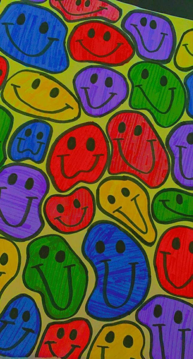 smiley faces, bold colors, bright yellow background, SD Phone Wallpaper