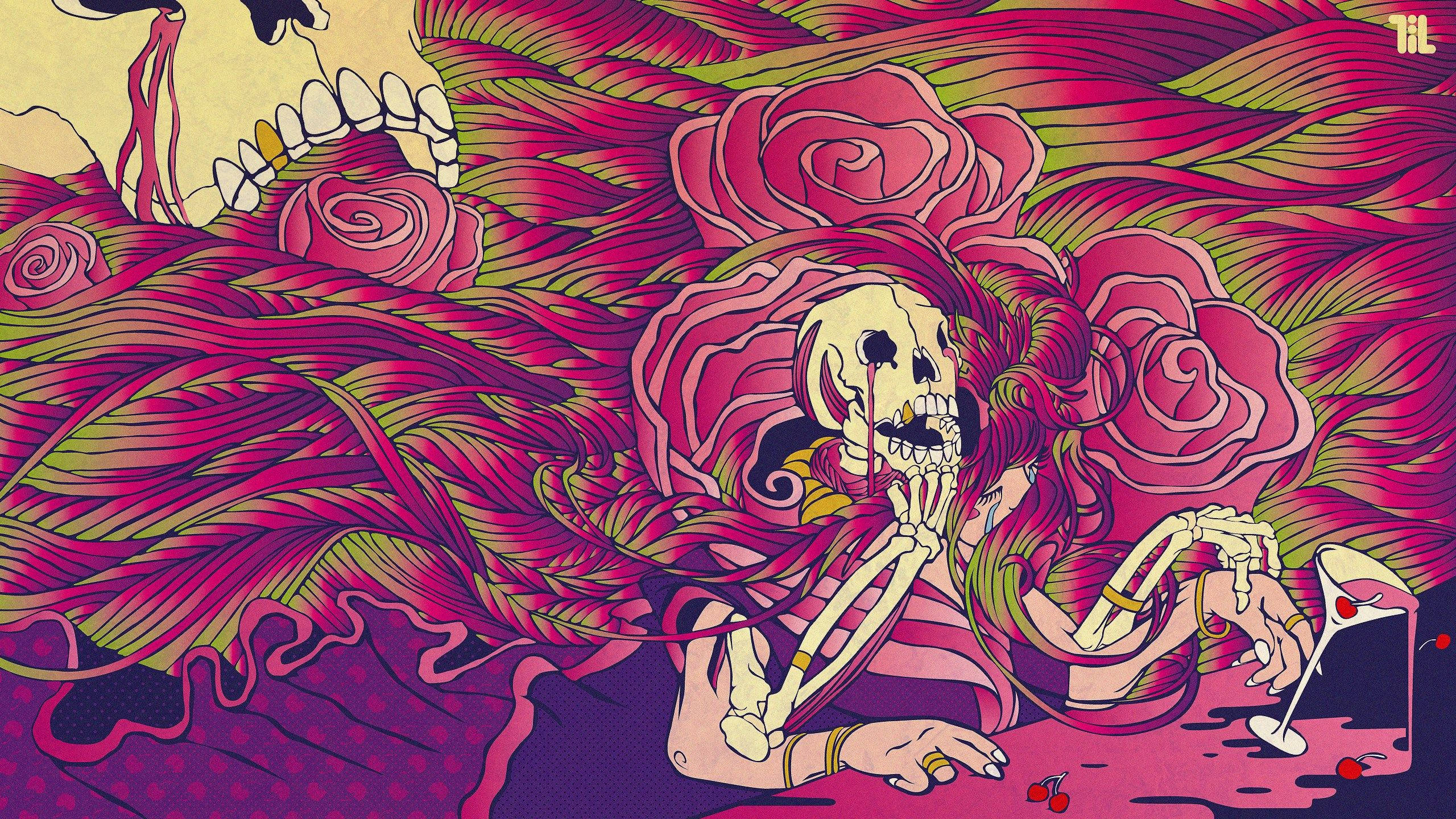 female skeleton, flowing pink and green hair, oversized roses, 2K Desktop Wallpaper