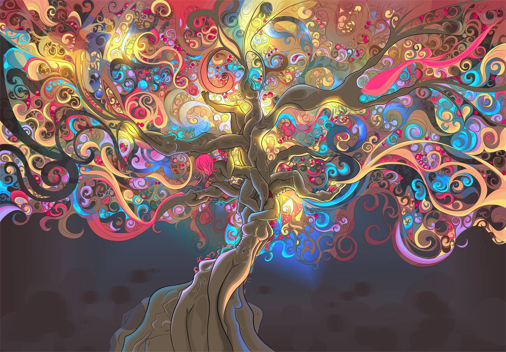 psychedelic, vibrant digital tree, swirling colorful patterns, HD Desktop Wallpaper