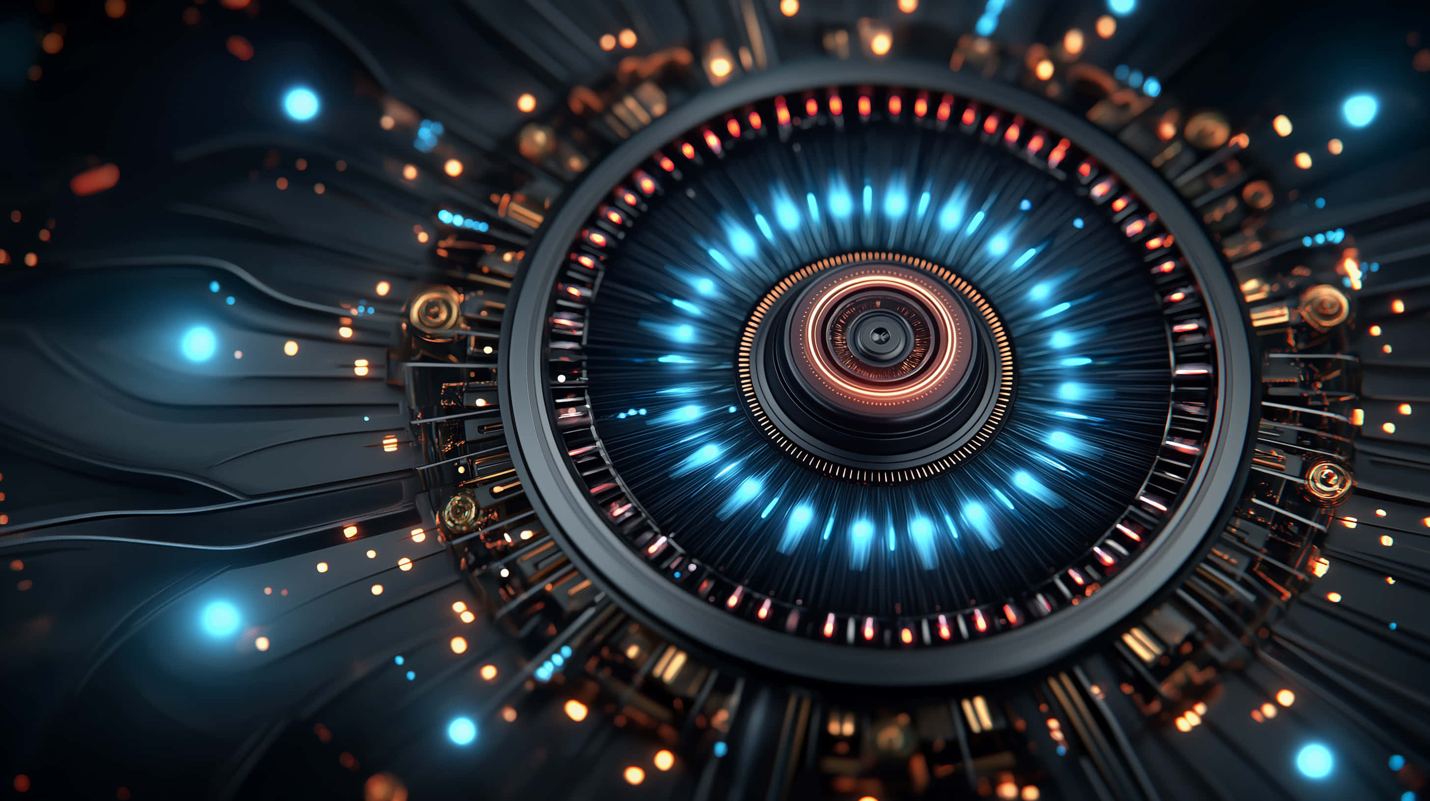 futuristic circular interface, glowing blue and orange lights, dark tech background, 2K Desktop Wallpaper