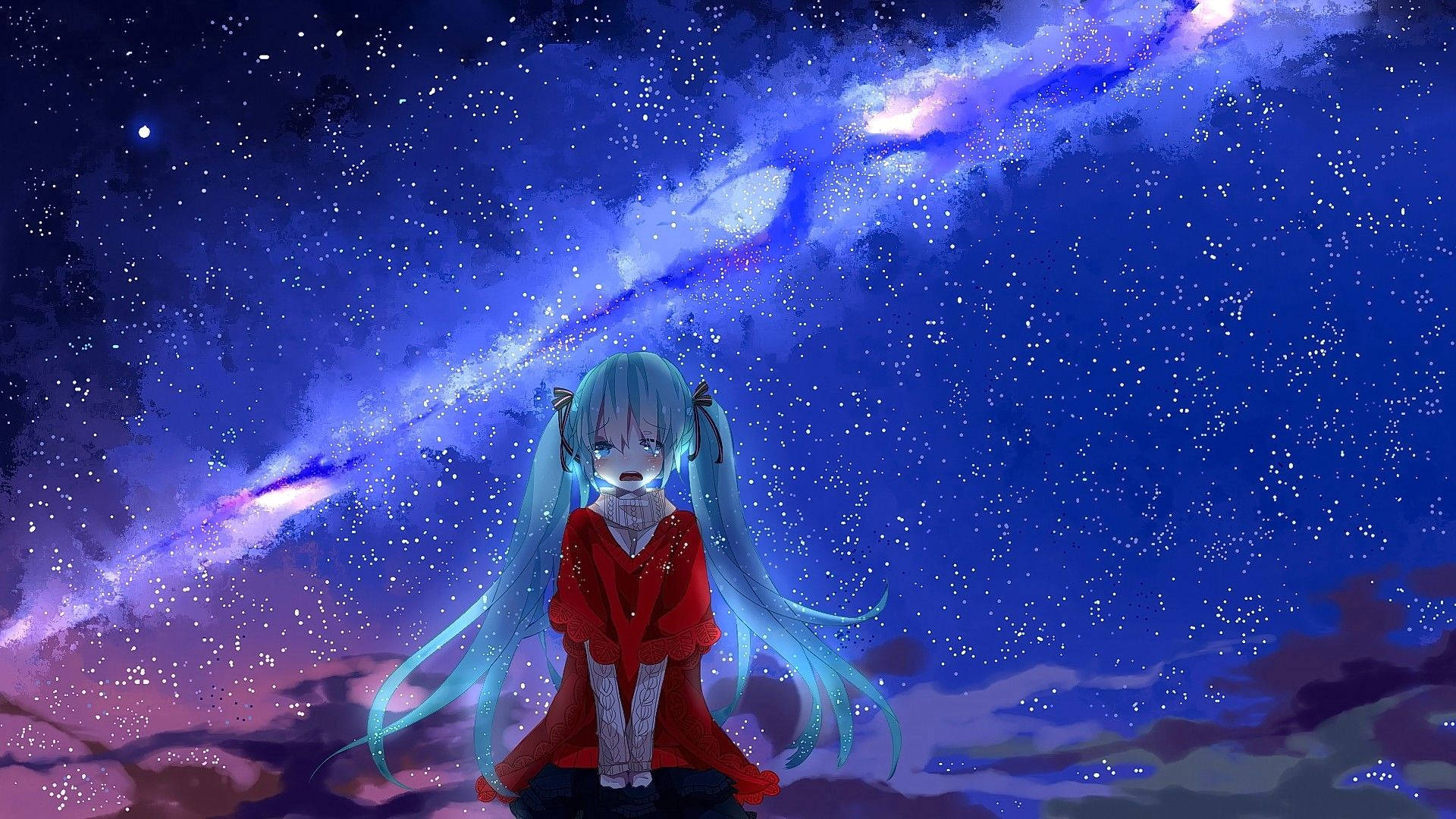 blue-haired anime girl, red coat, vibrant starry sky, Full HD Desktop Wallpaper
