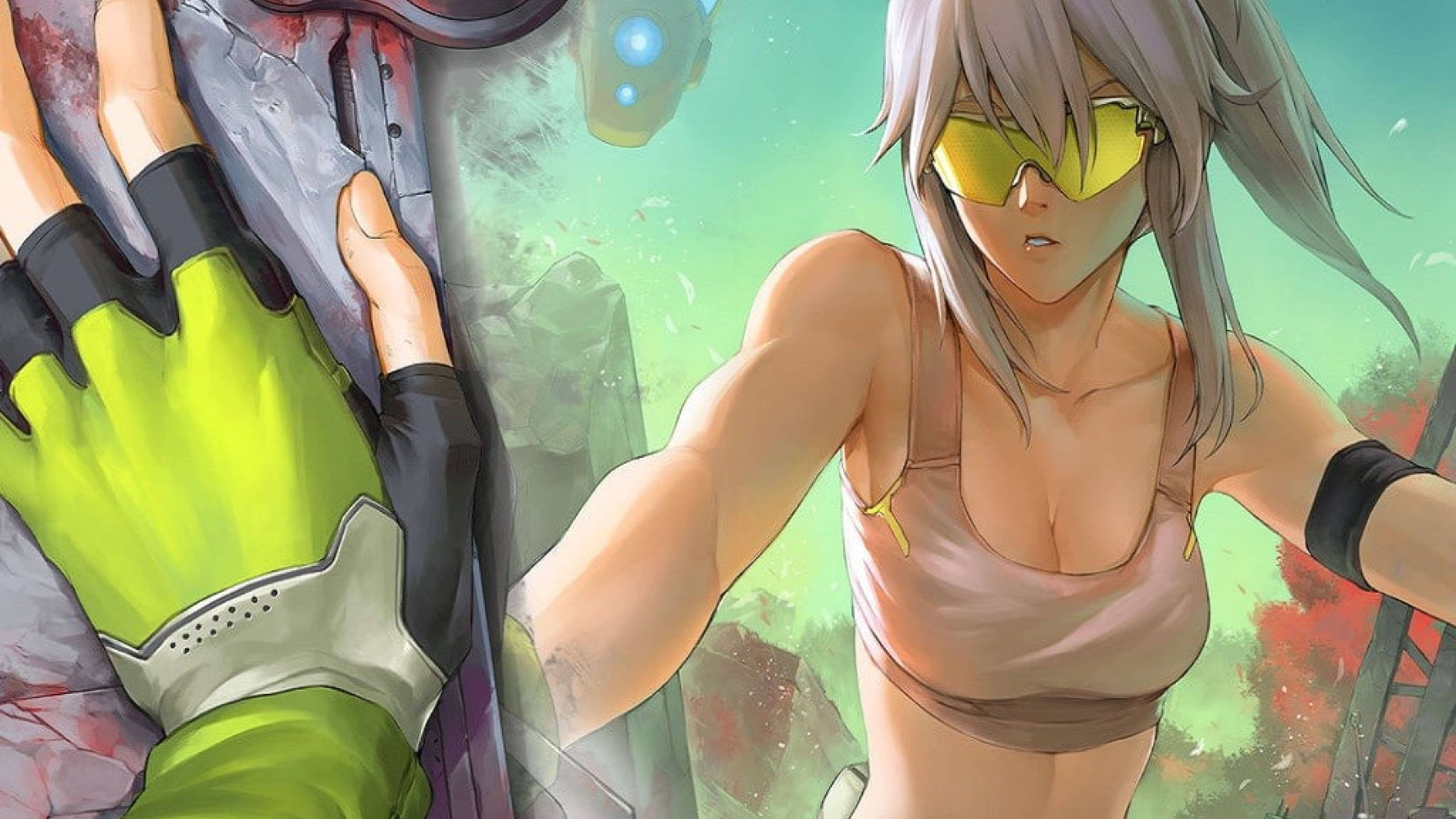 cyberpunk anime girl, silver hair, yellow goggles, 5K Desktop Wallpaper