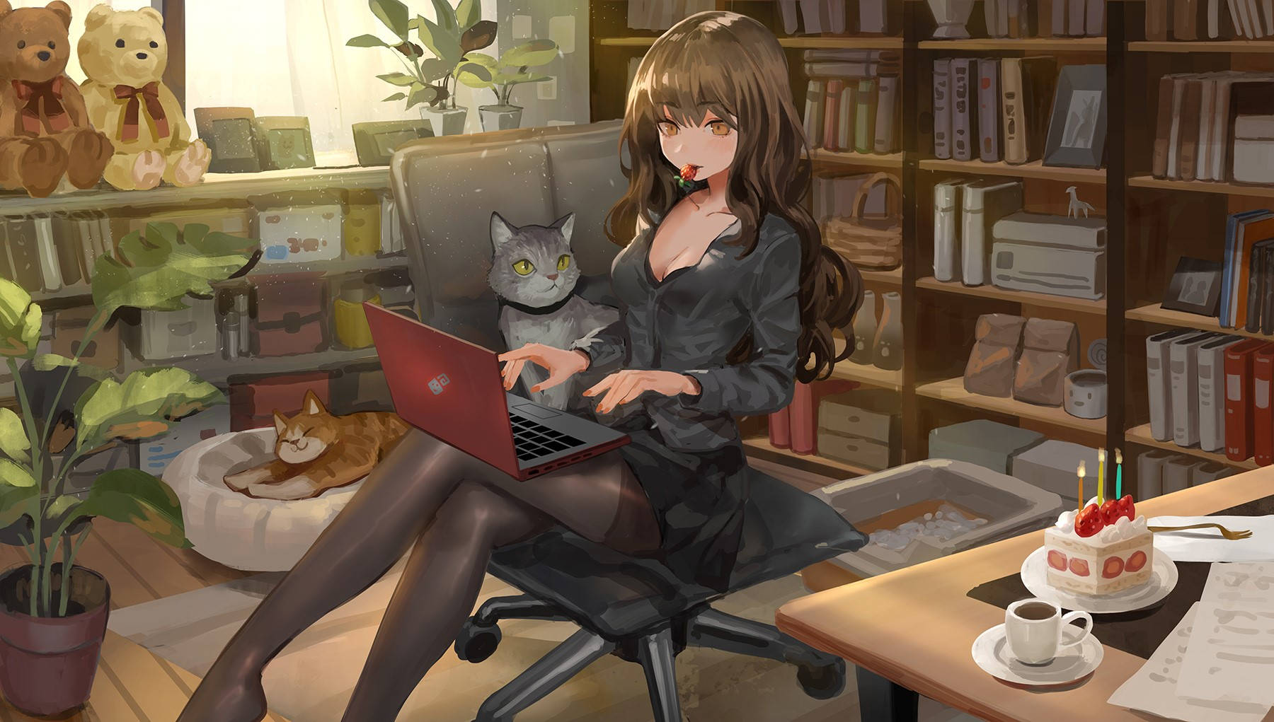 goth anime girl, laptop, bookshelves, HD Desktop Wallpaper