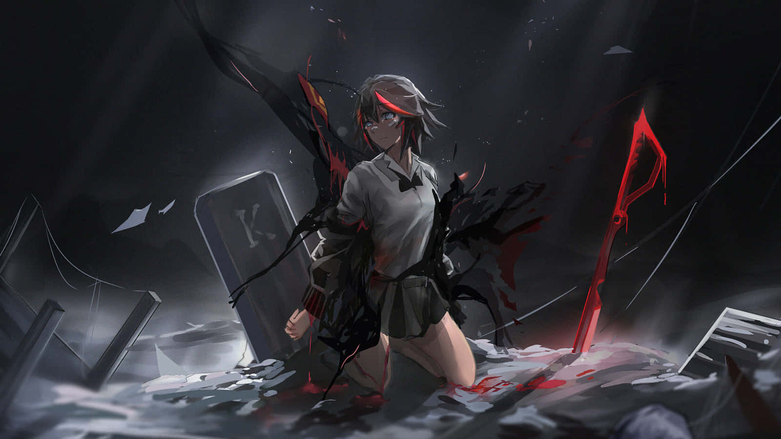 dark-haired anime girl, school uniform, shattered debris, HD Desktop Wallpaper