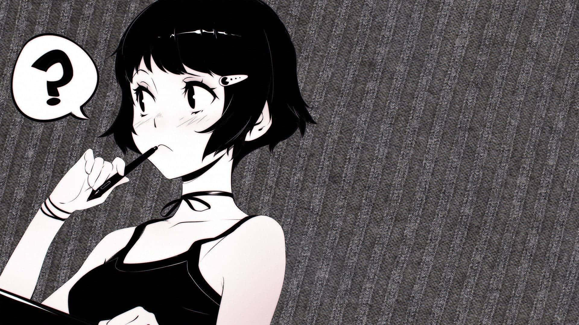 black and white anime girl, short hair, pen to lips, Full HD Desktop Wallpaper