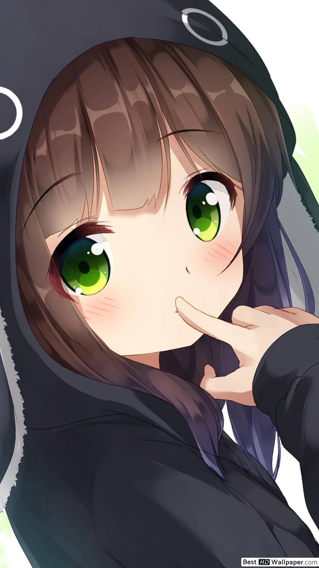 anime girl, vibrant green eyes, brown hair, Full HD Phone Wallpaper