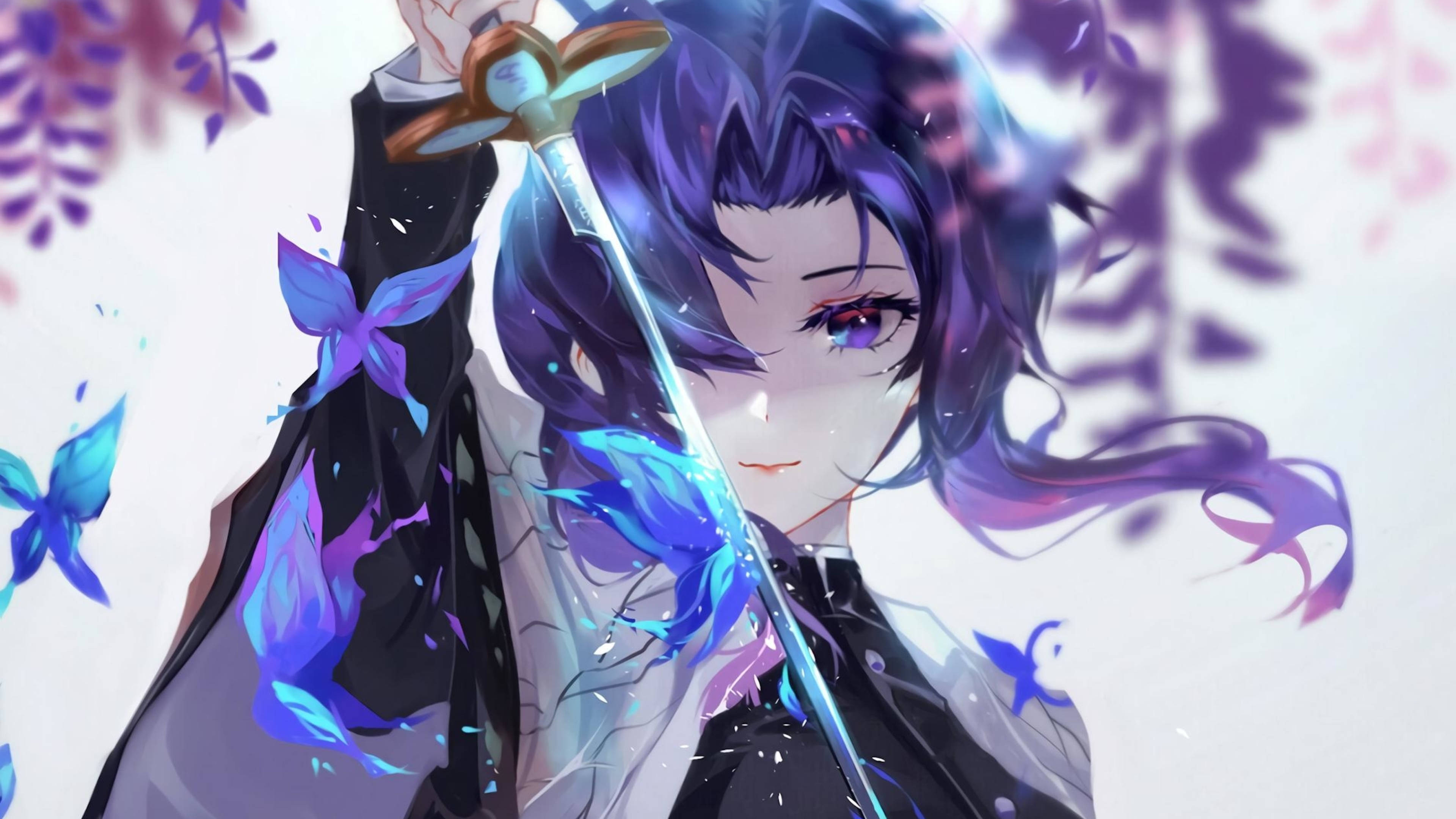 purple hair, glowing sword, blue butterflies, 4K Desktop Wallpaper