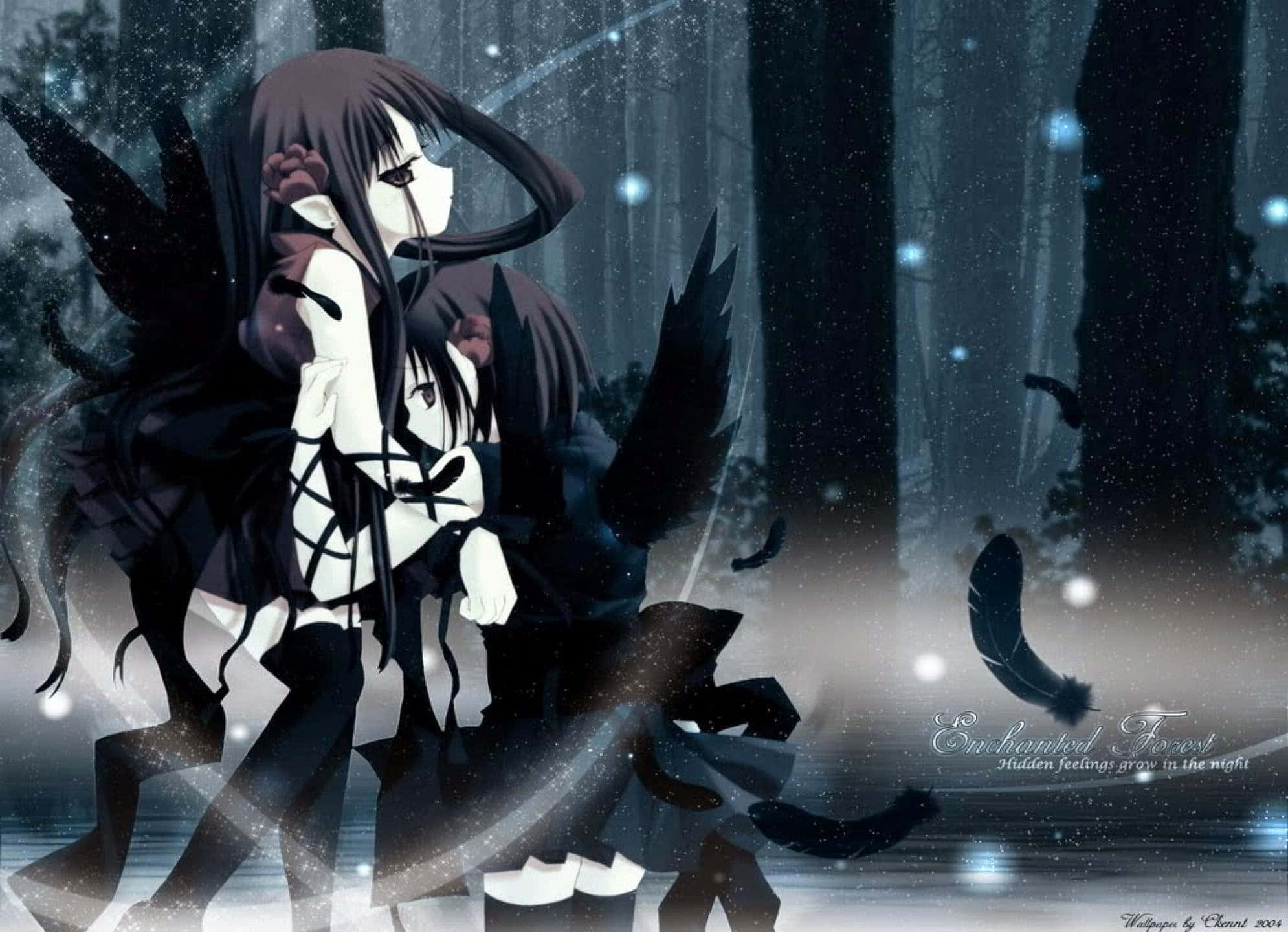 dark-haired anime girl, black wings, misty forest, Full HD Desktop Wallpaper