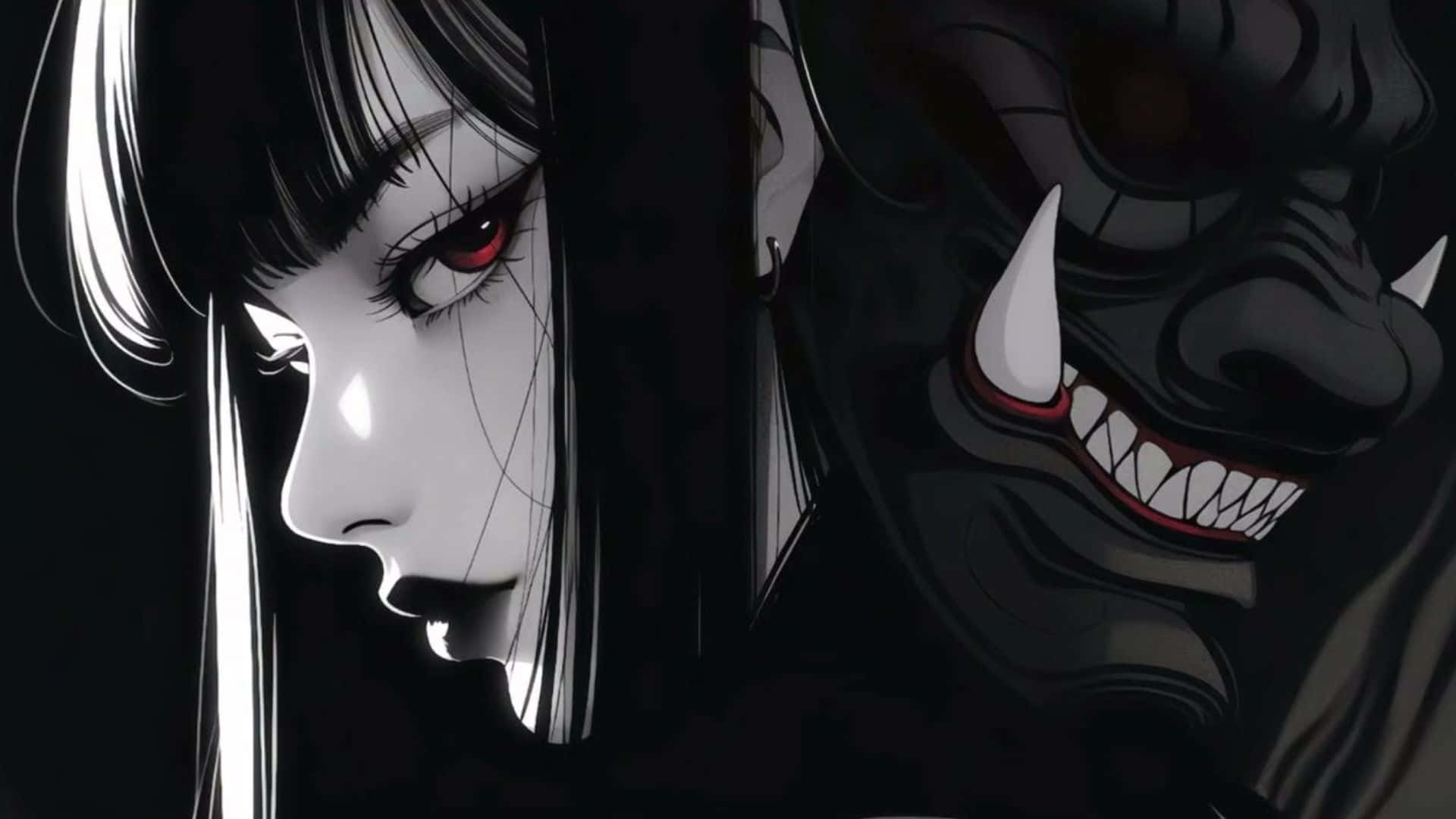 oni mask, red eyes, black hair, Full HD Desktop Wallpaper