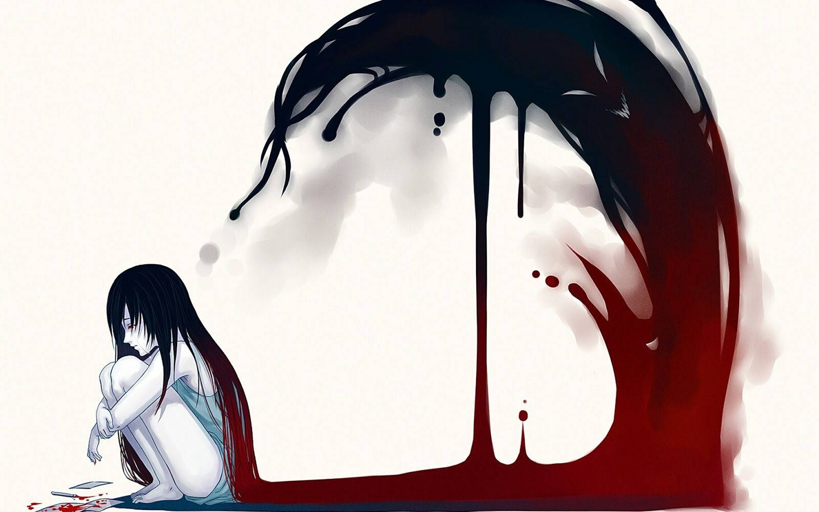 anime girl, dark red and black ink-like figure, stark white background, HD Desktop Wallpaper