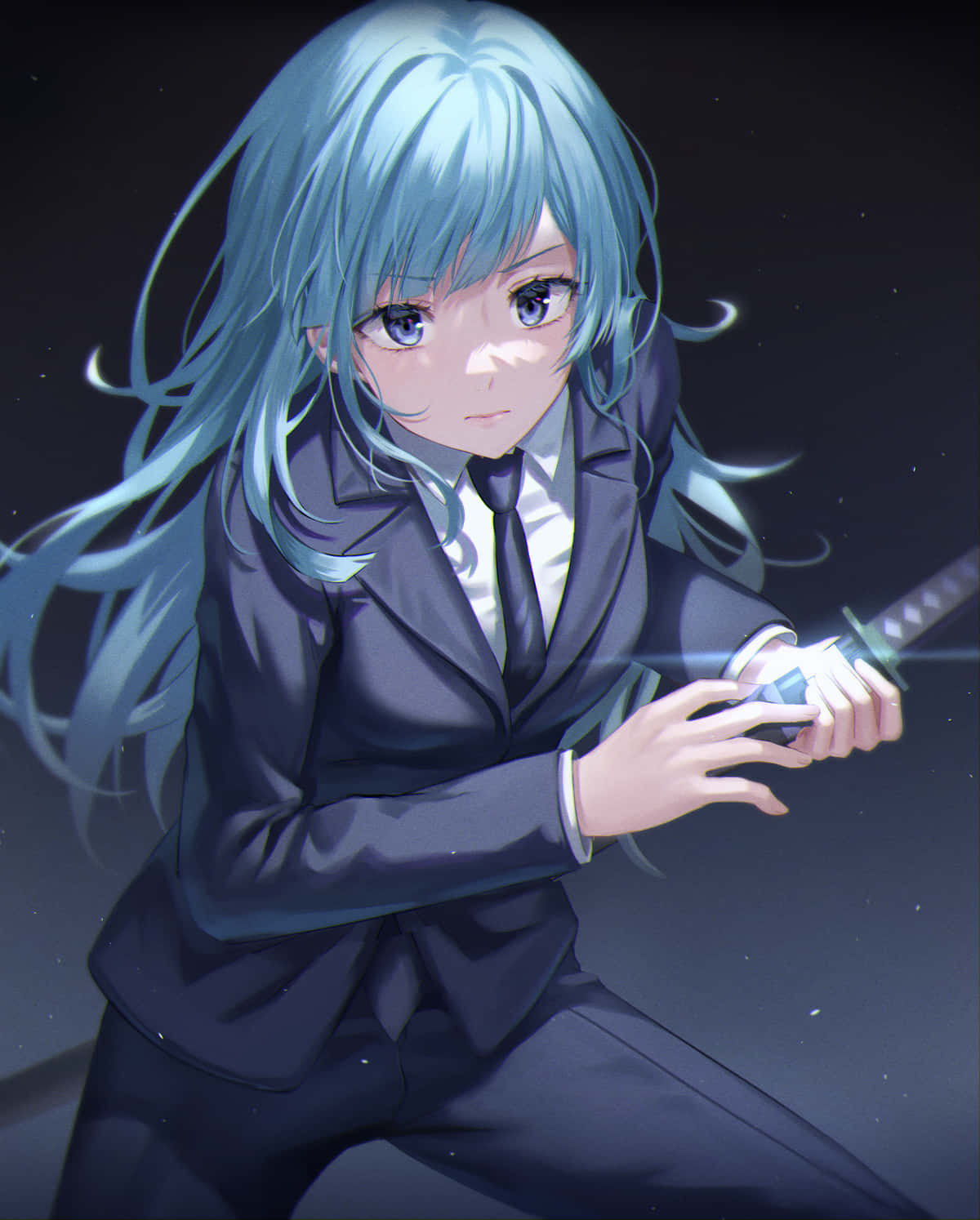 blue-haired anime girl, glowing sword, dark suit, HD Phone Wallpaper