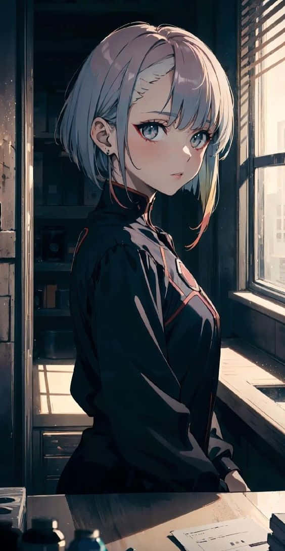 cyberpunk anime girl, silver-haired, black jacket, SD Phone Wallpaper