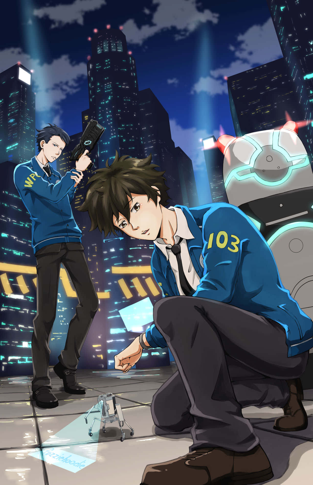 Psycho Pass, cyborg Enforcers, neon-lit cityscape, Full HD Phone Wallpaper