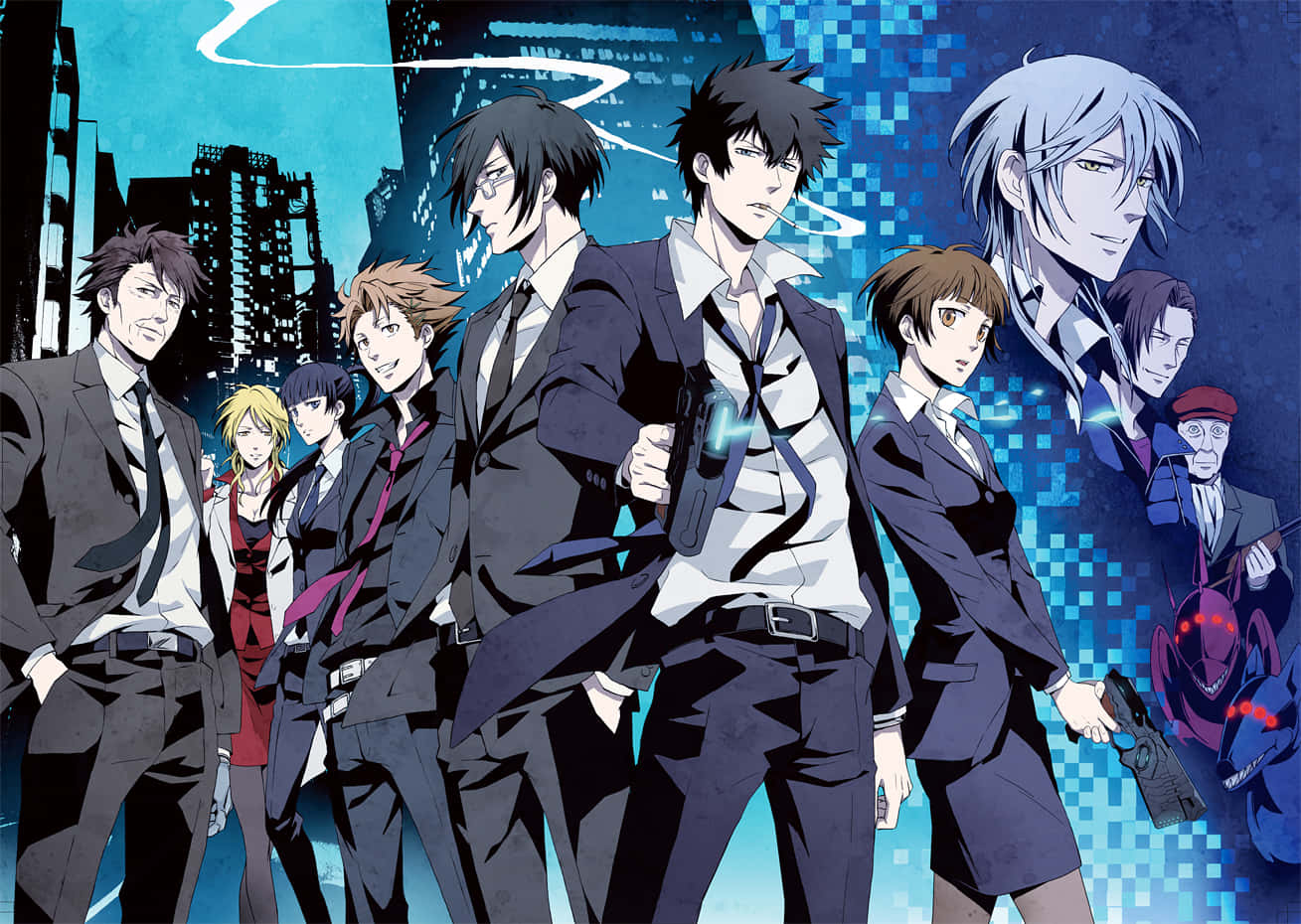 Psycho Pass, glowing blue pixelated cityscape, night, HD Desktop Wallpaper