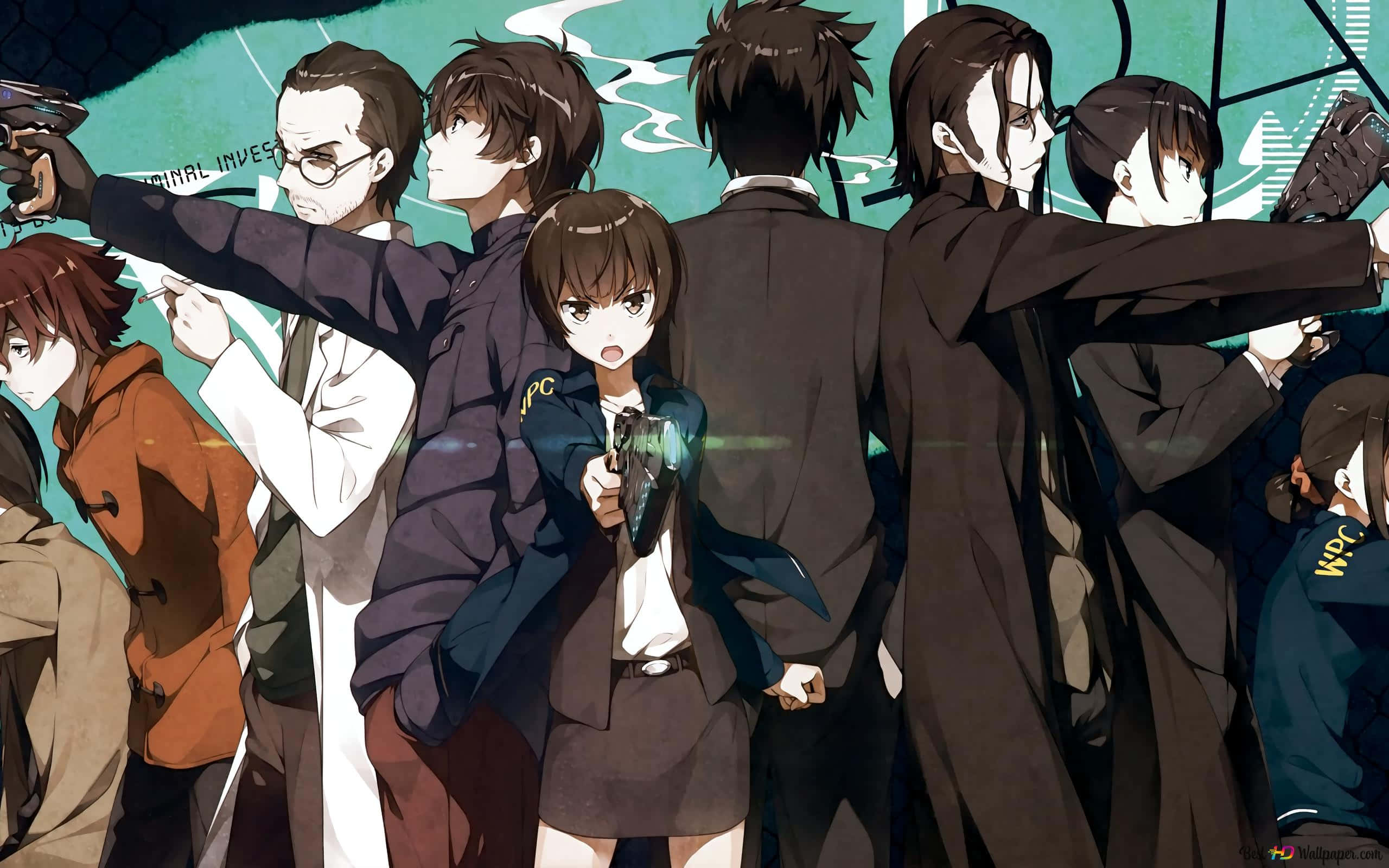 Psycho Pass, teal background, smoke effects, 2K Desktop Wallpaper