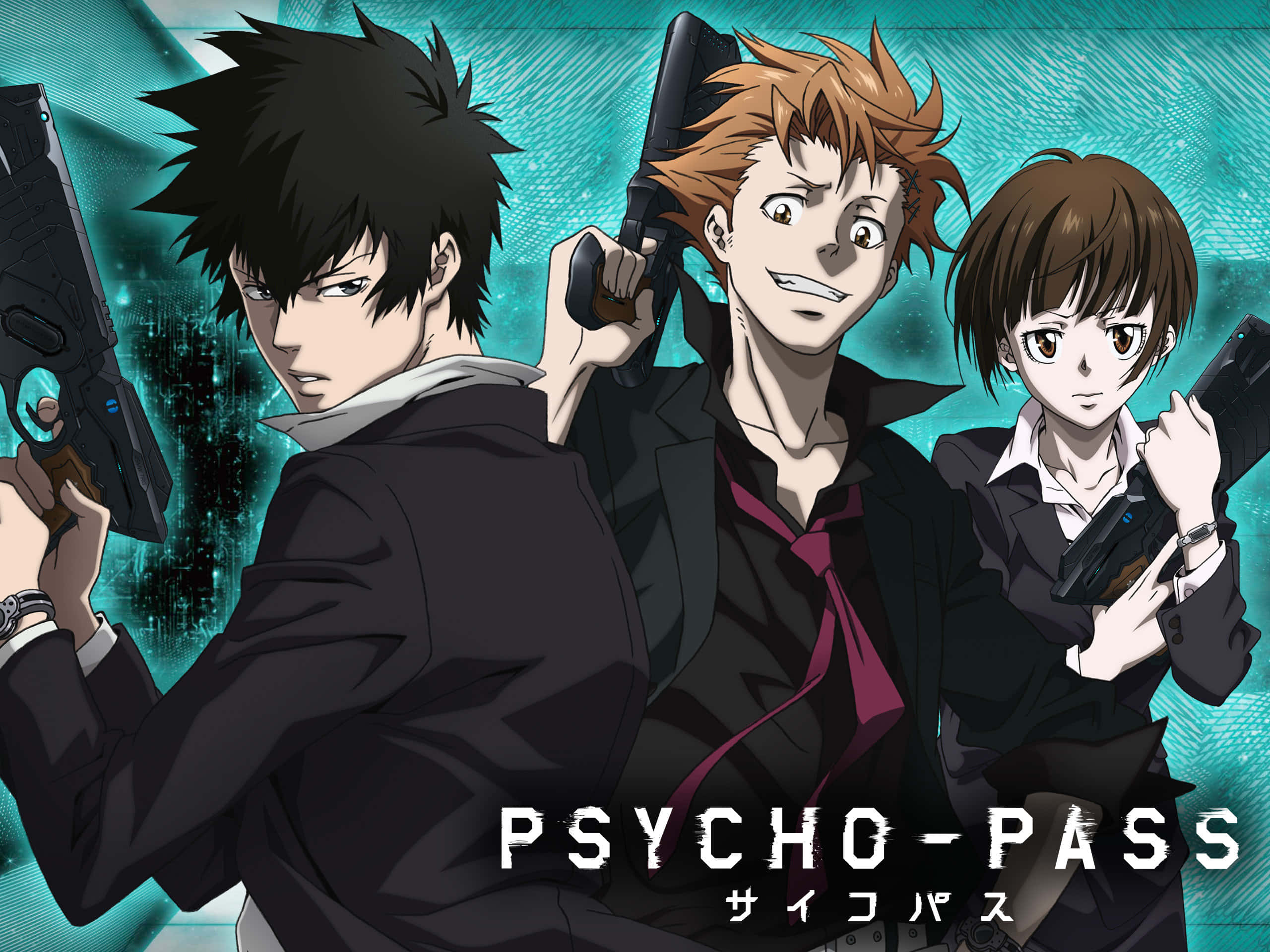 Psycho Pass, teal digital background, black suits, 2K Desktop Wallpaper
