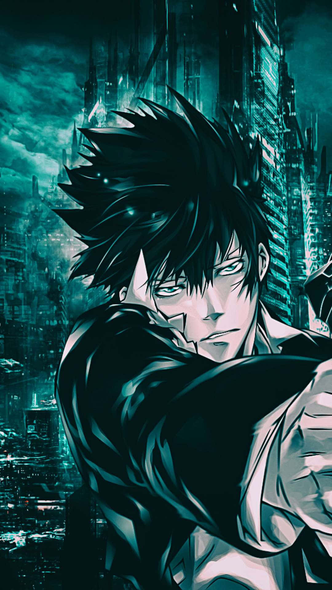 Psycho Pass, neon-lit futuristic cityscape, stormy teal sky, Full HD Phone Wallpaper
