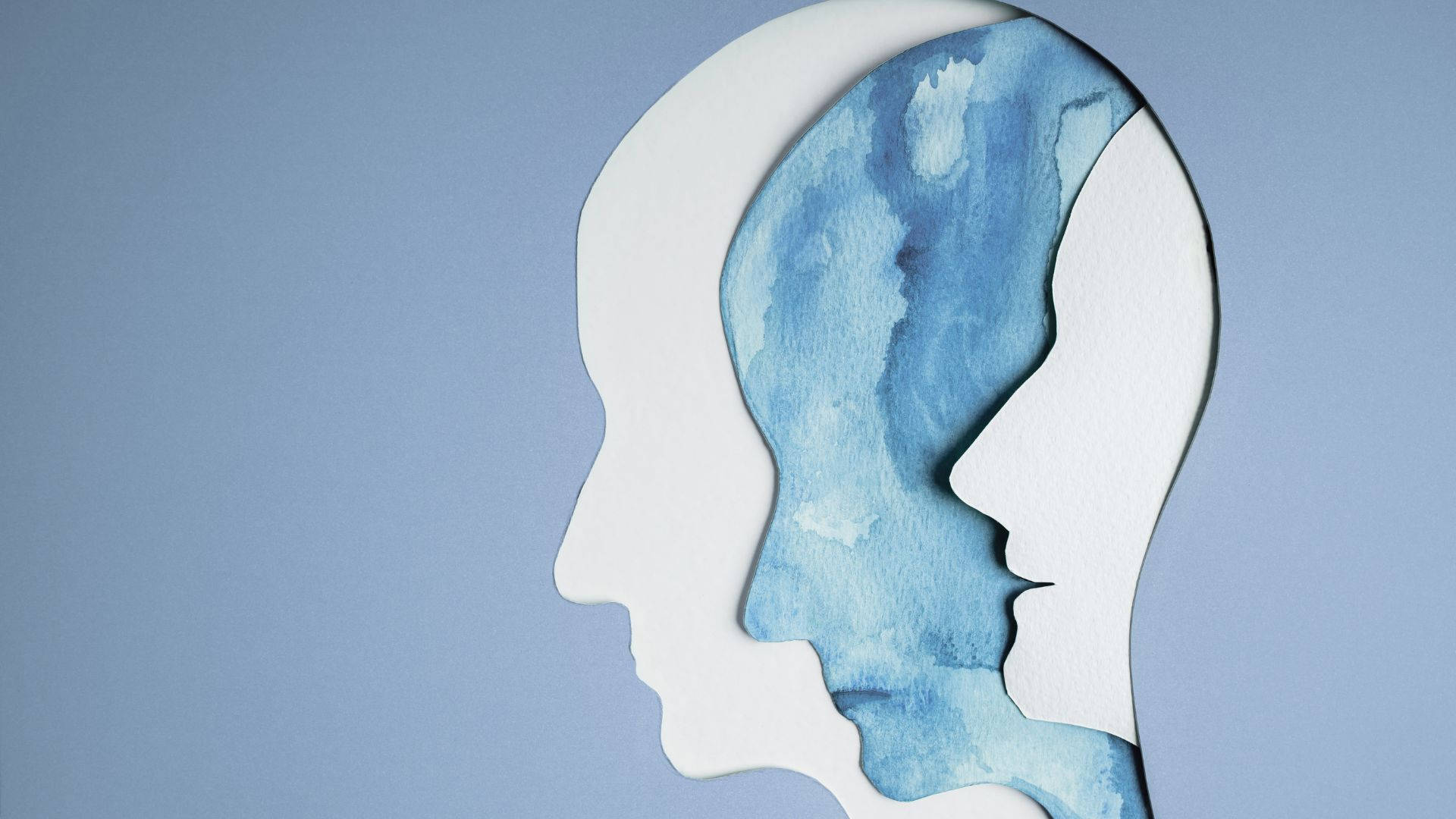 Psychology, white paper head silhouettes, blue watercolor brain, Full HD Desktop Wallpaper