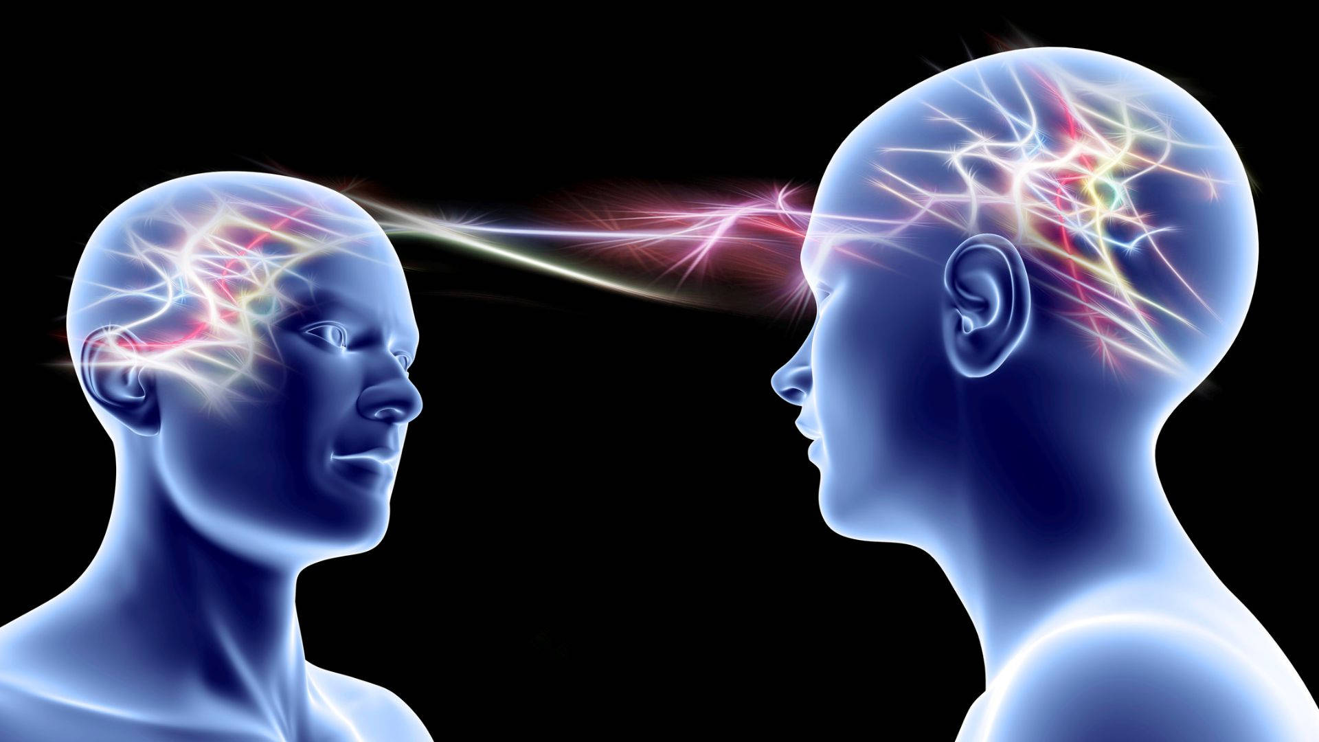 translucent blue human heads, glowing neural networks, energy beams, Full HD Desktop Wallpaper