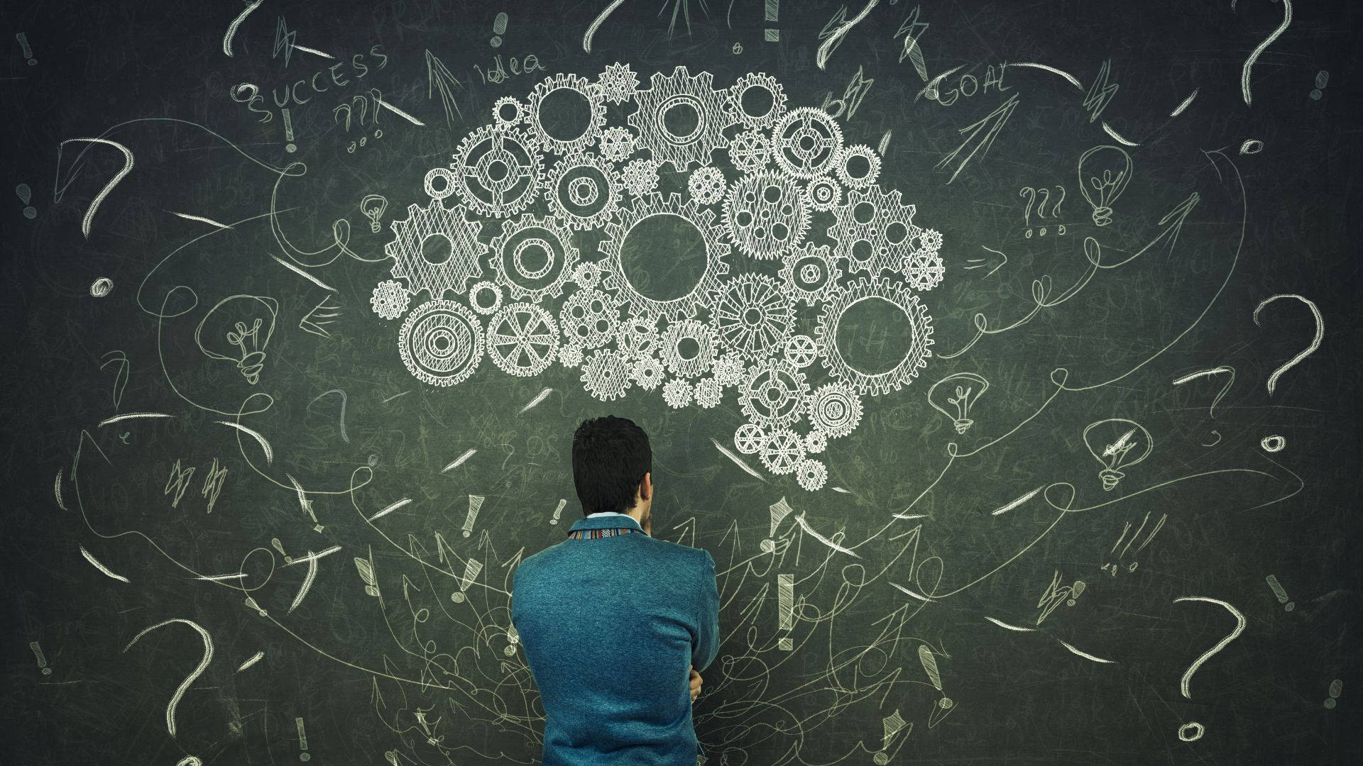 Psychology, mechanical brain, chalkboard, Full HD Desktop Wallpaper