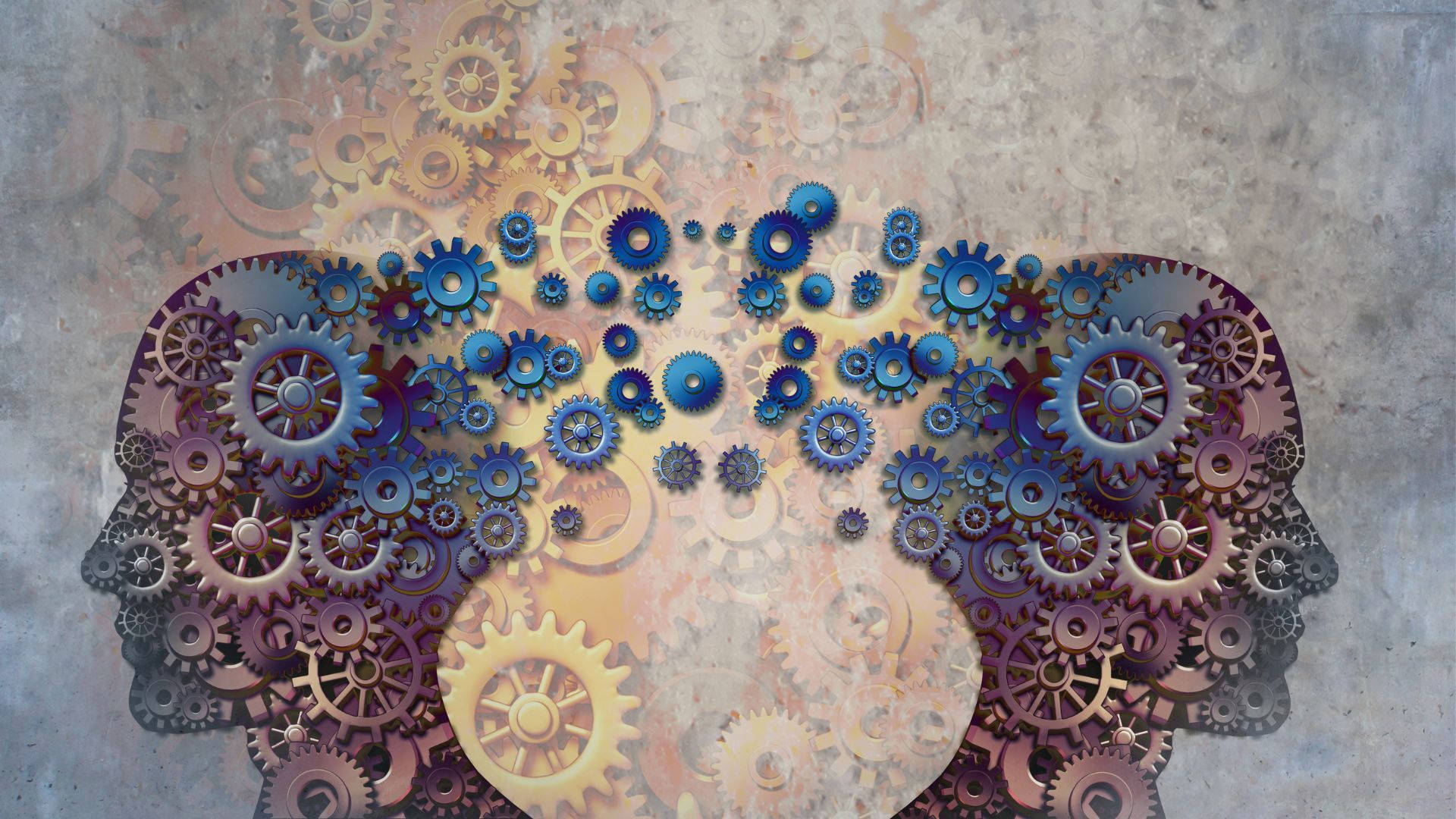 two human heads, interlocking gears, blue and bronze tones, Full HD Desktop Wallpaper