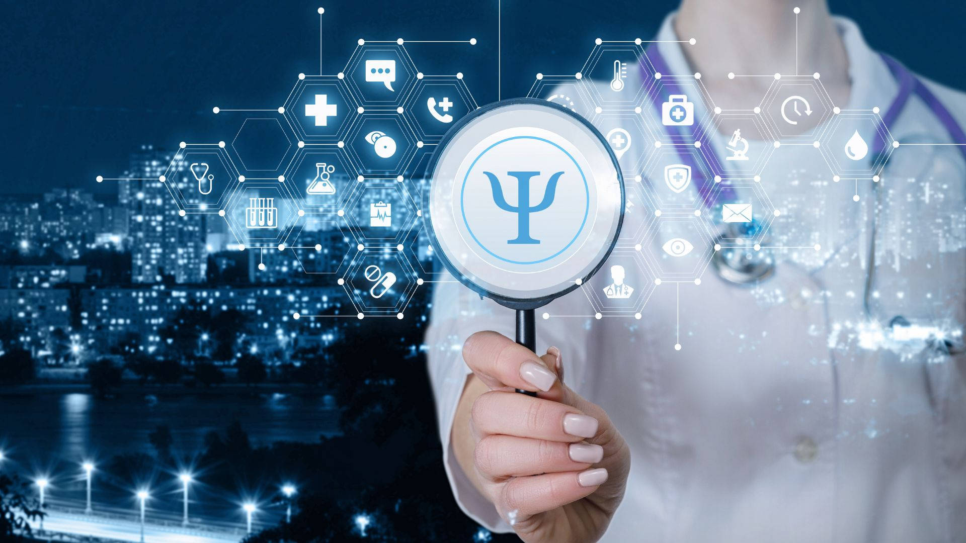 psi symbol, magnifying glass, floating health icons, Full HD Desktop Wallpaper