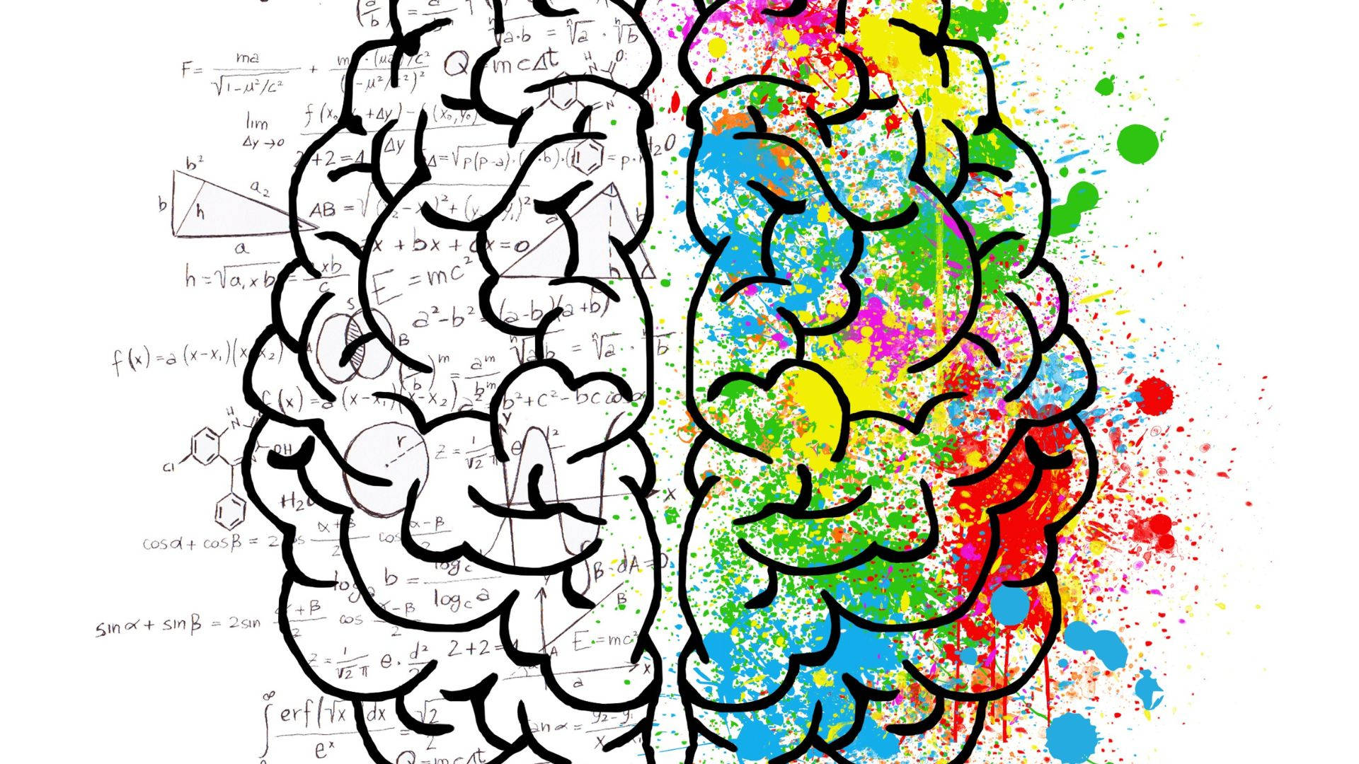 colorful brain hemisphere, black and white math equations, vibrant colorful paint splatters, Full HD Desktop Wallpaper