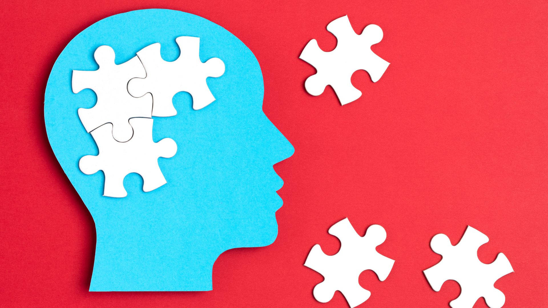 blue paper head silhouette, white puzzle pieces, vibrant red background, Full HD Desktop Wallpaper