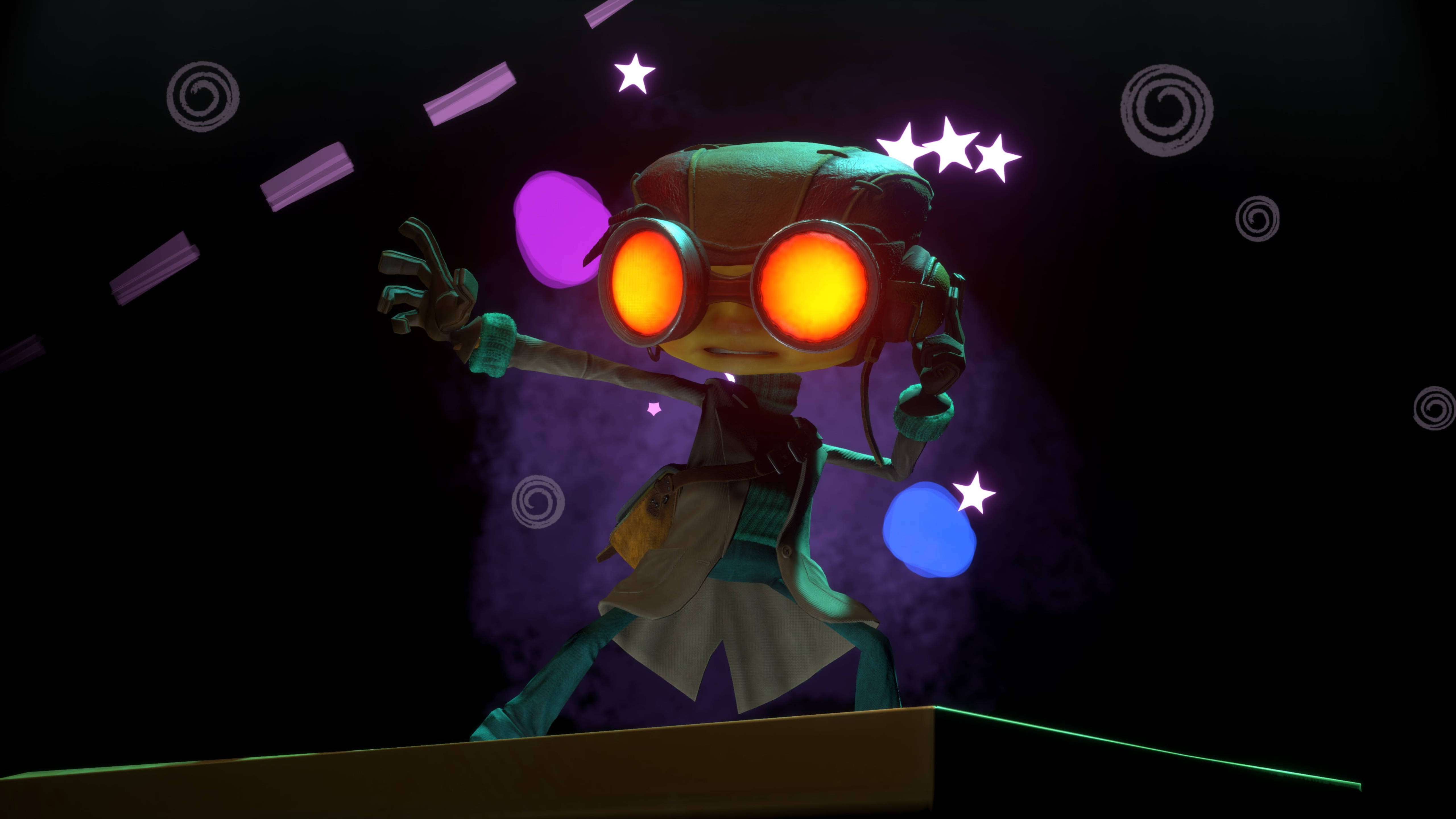 Psychonauts, glowing-eyed robot character, floating stars, 5K Desktop Wallpaper