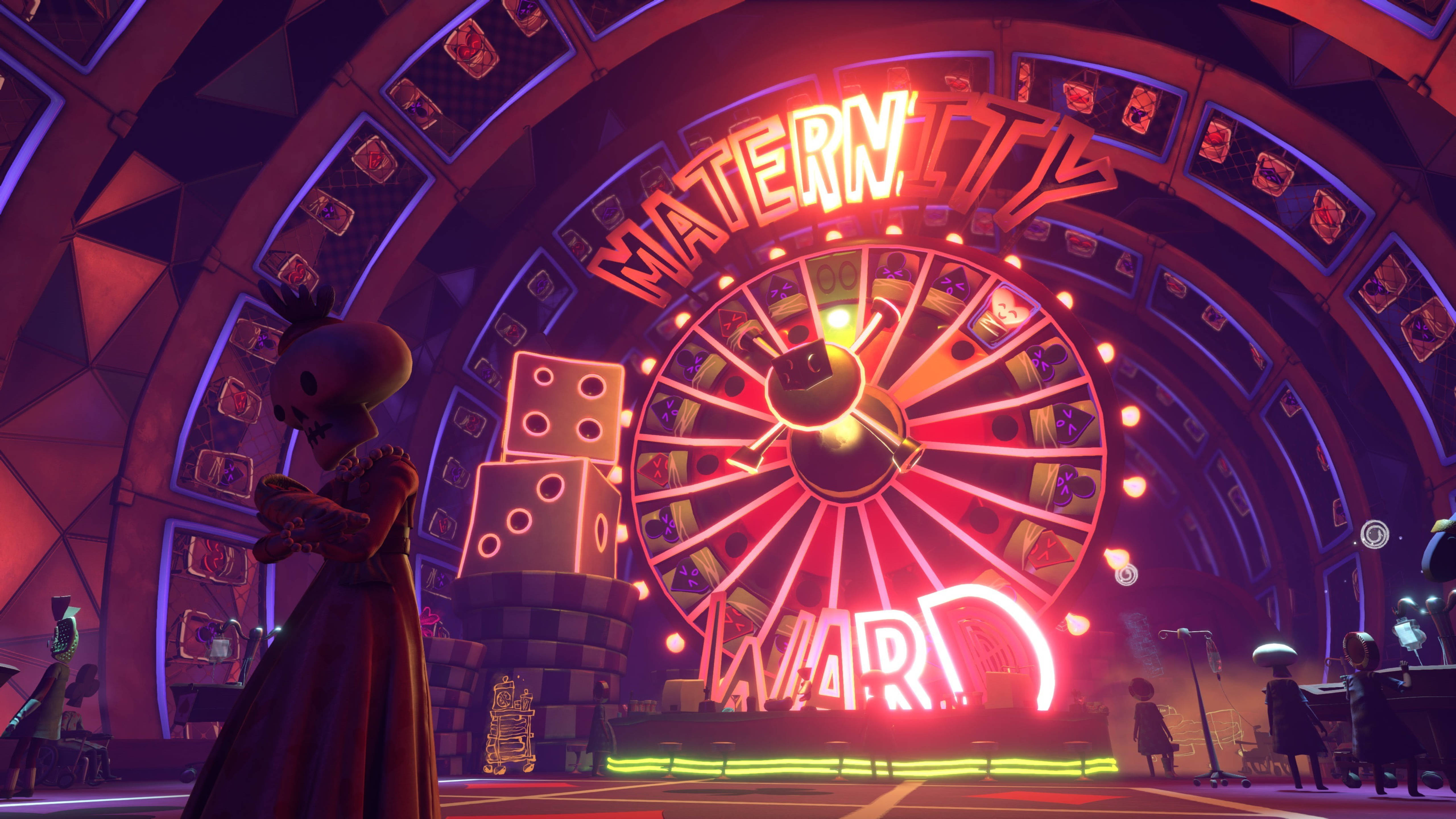 Psychonauts 2, maternity ward, neon-lit casino stage, 5K Desktop Wallpaper