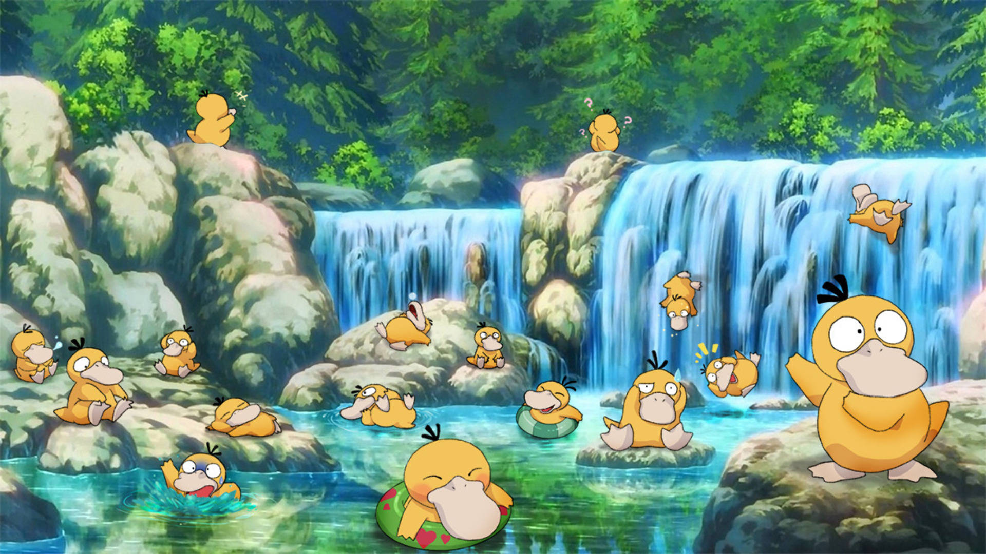 Psyduck, waterfall, lush green forest, Full HD Desktop Wallpaper