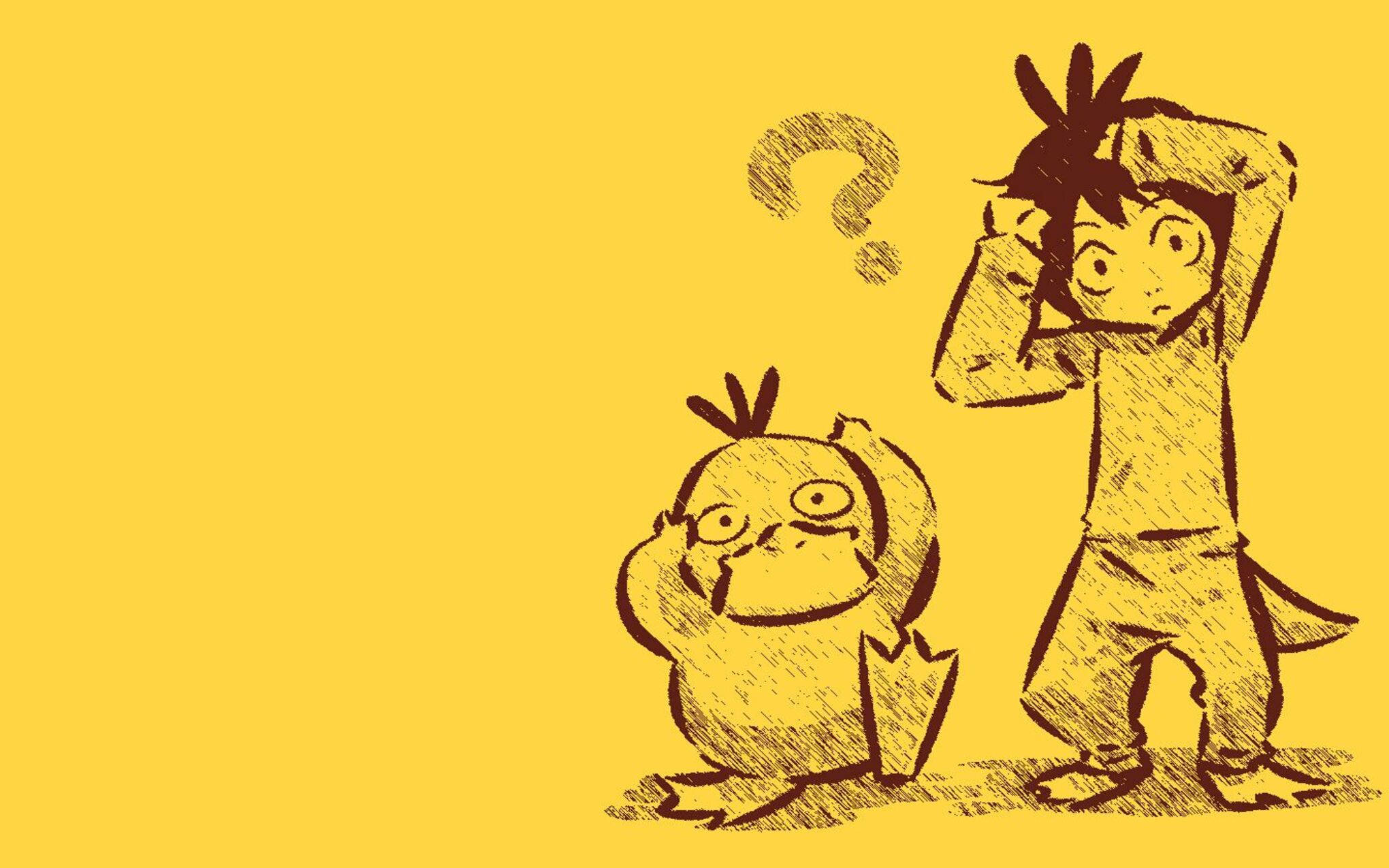 Psyduck, little boy, question marks, Full HD Desktop Wallpaper