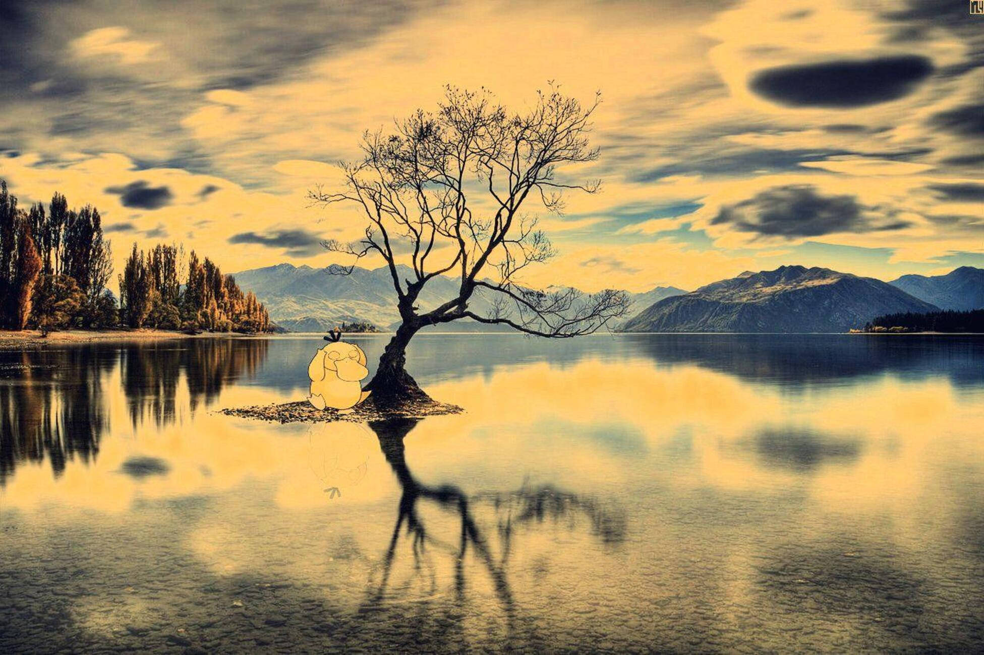Psyduck, digital art, calm lake, Full HD Desktop Wallpaper