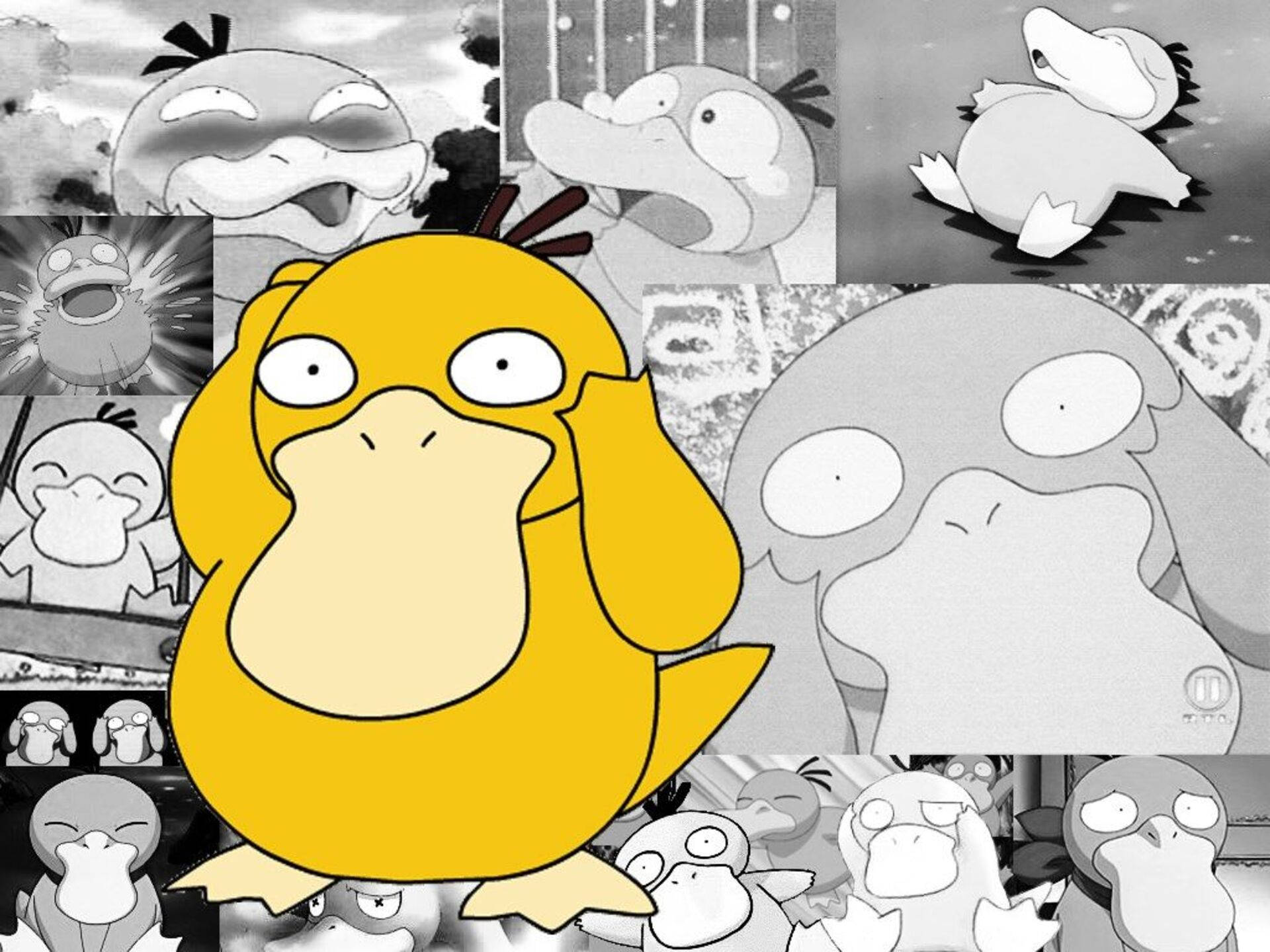 Psyduck, vibrant yellow, grayscale comic panels, Full HD Desktop Wallpaper