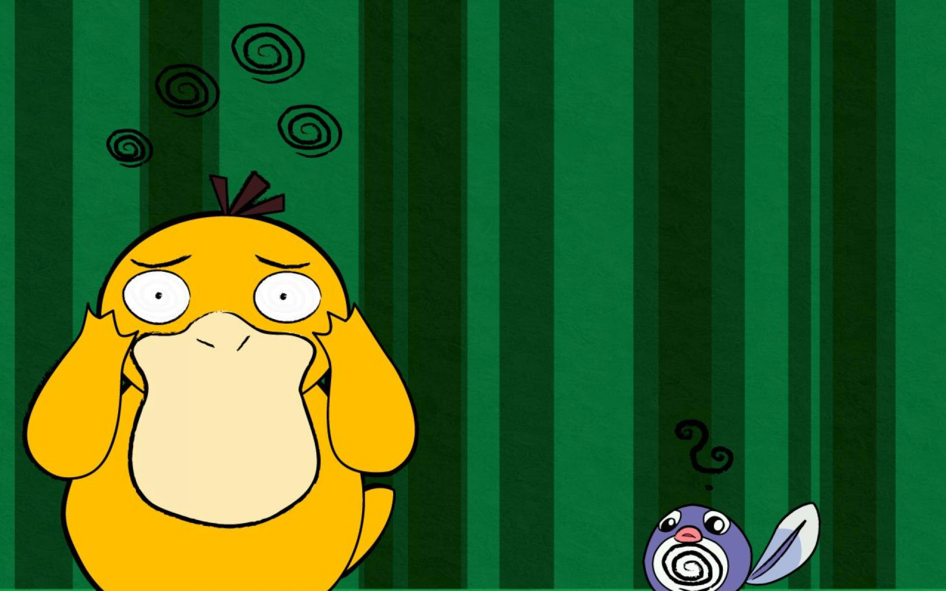 Psyduck, green striped background, cartoon Psyduck, Full HD Desktop Wallpaper