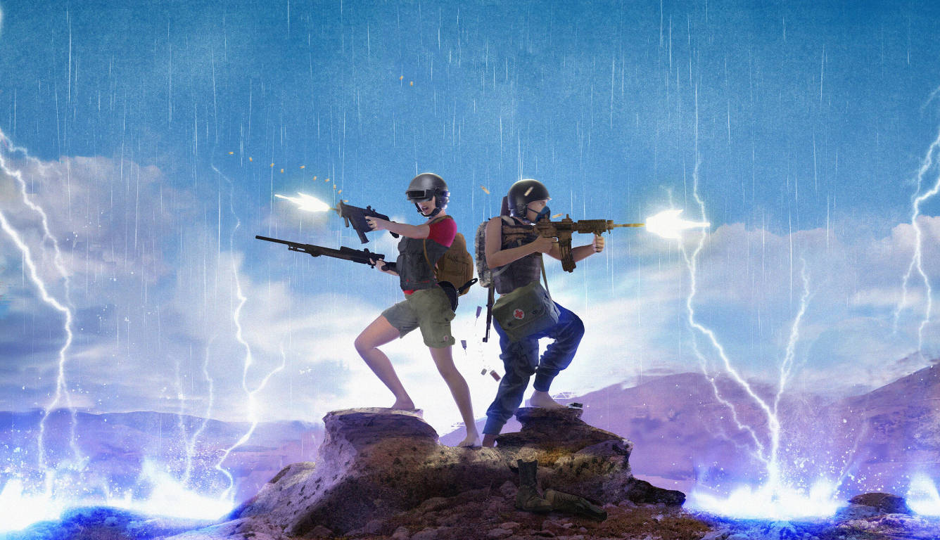 PUBG, team pointing guns, rocky outcrop, HD Desktop Wallpaper