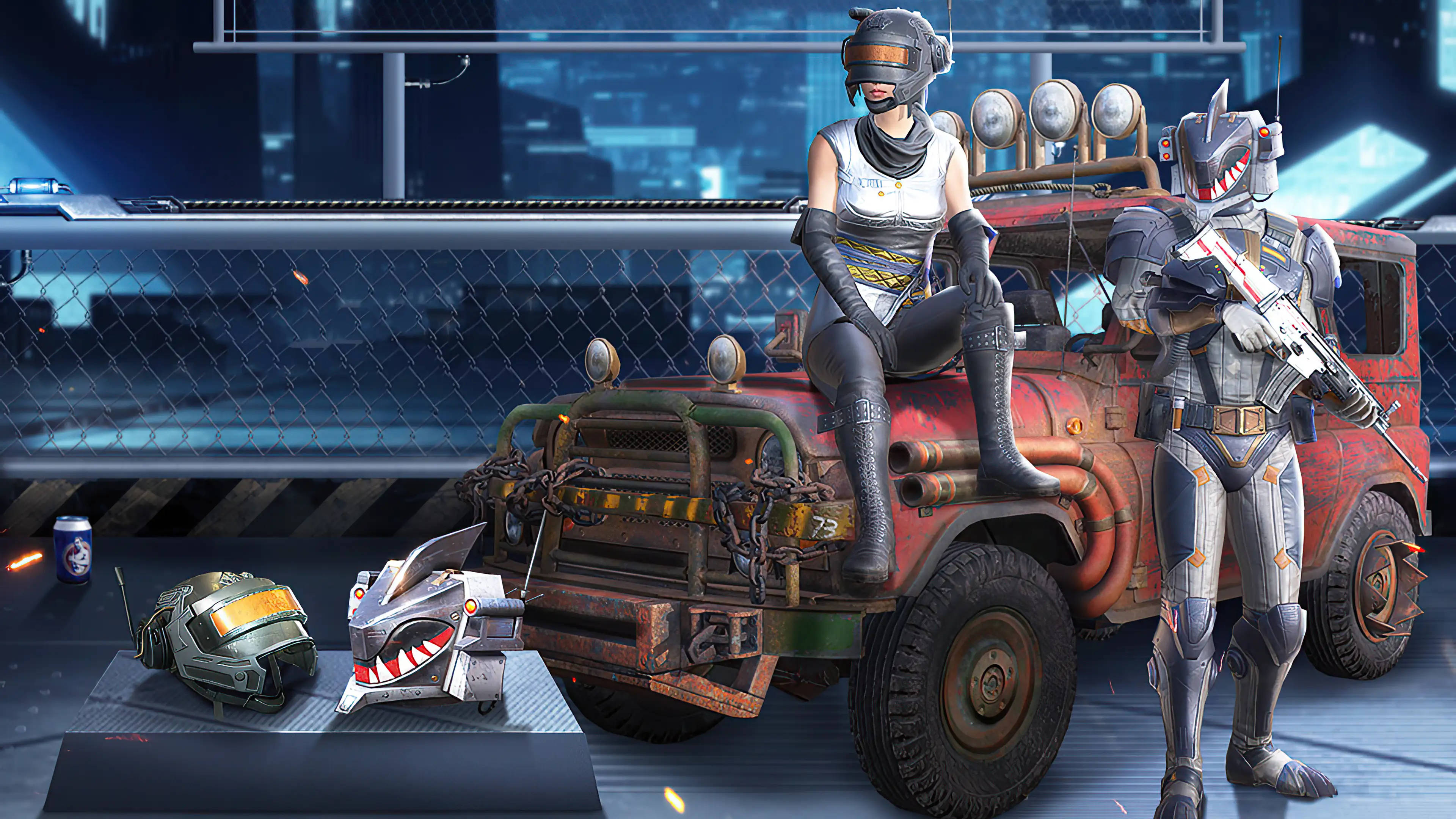 PUBG 1440p, armored characters, rugged red truck, 4K Desktop Wallpaper