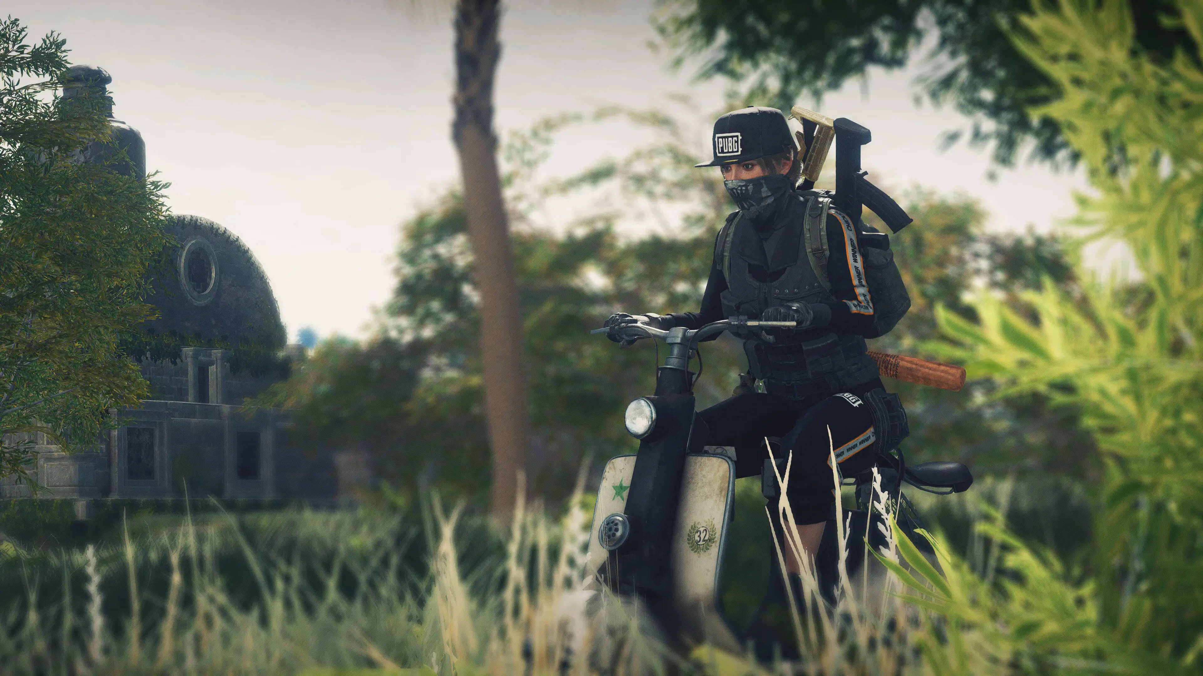 PUBG 1440p, girl on moped, masked soldier, 4K Desktop Wallpaper