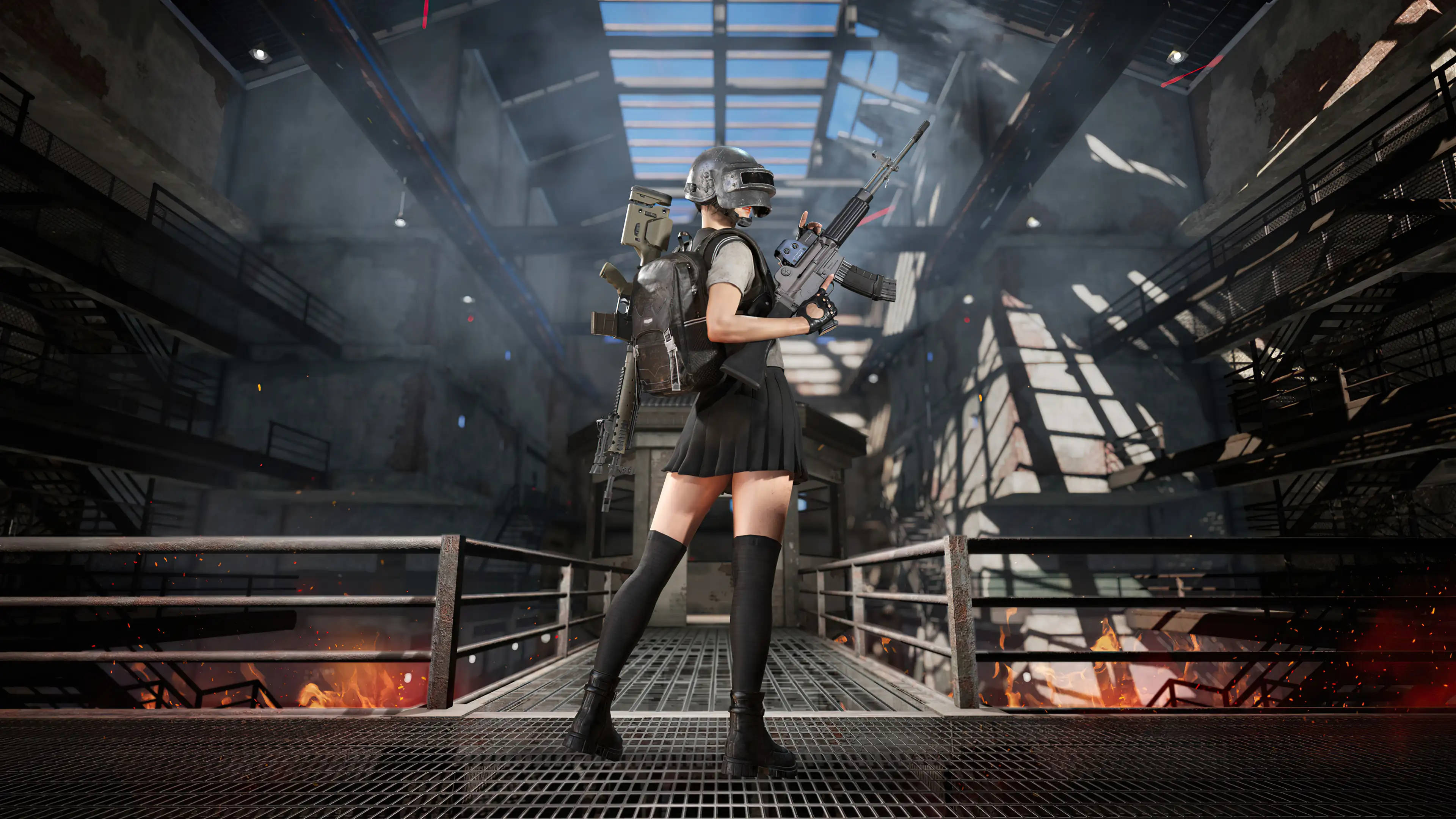 PUBG, burning factory, female soldier, 4K Desktop Wallpaper