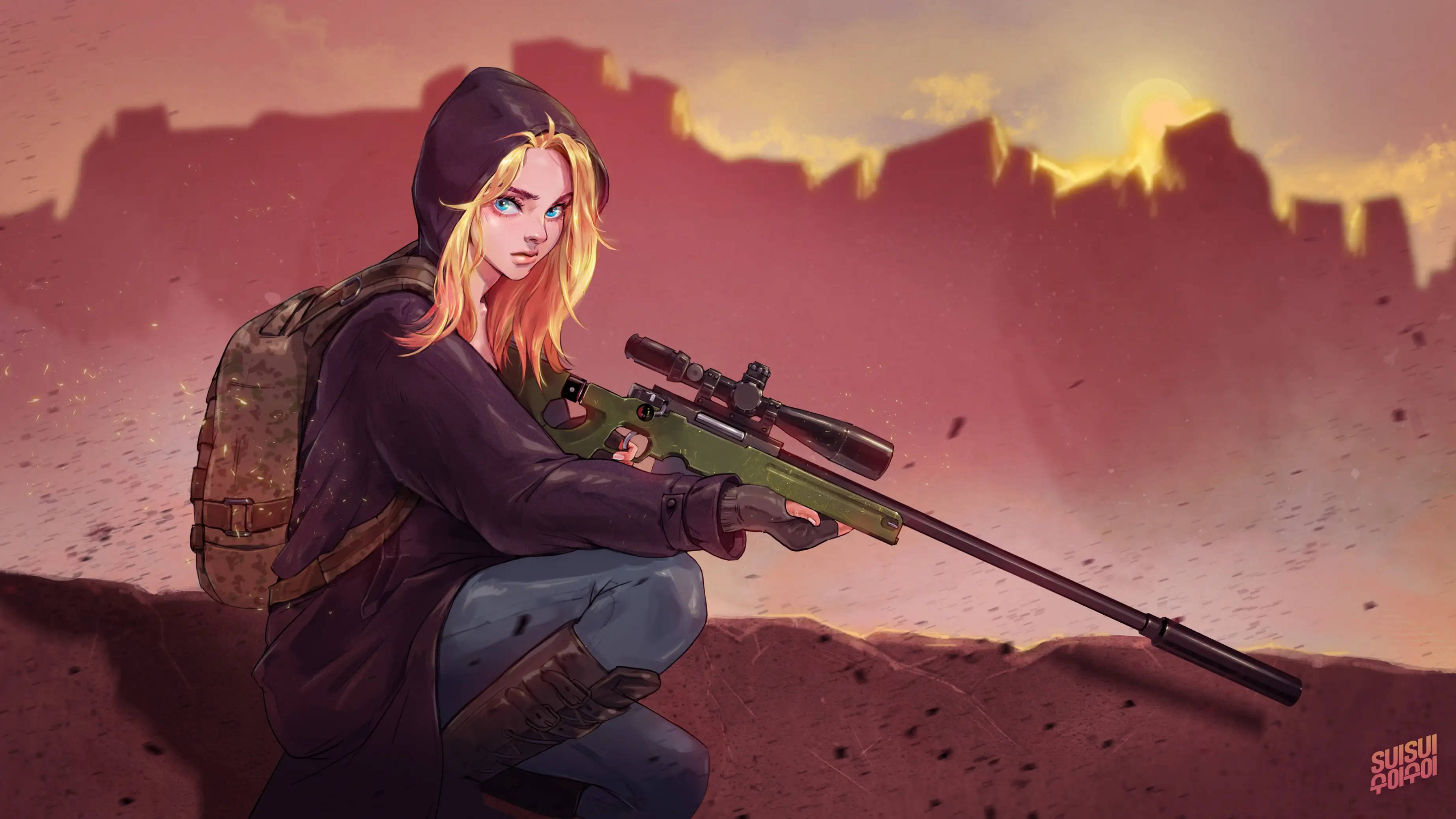 PUBG, anime girl, blonde, 2K Desktop Wallpaper