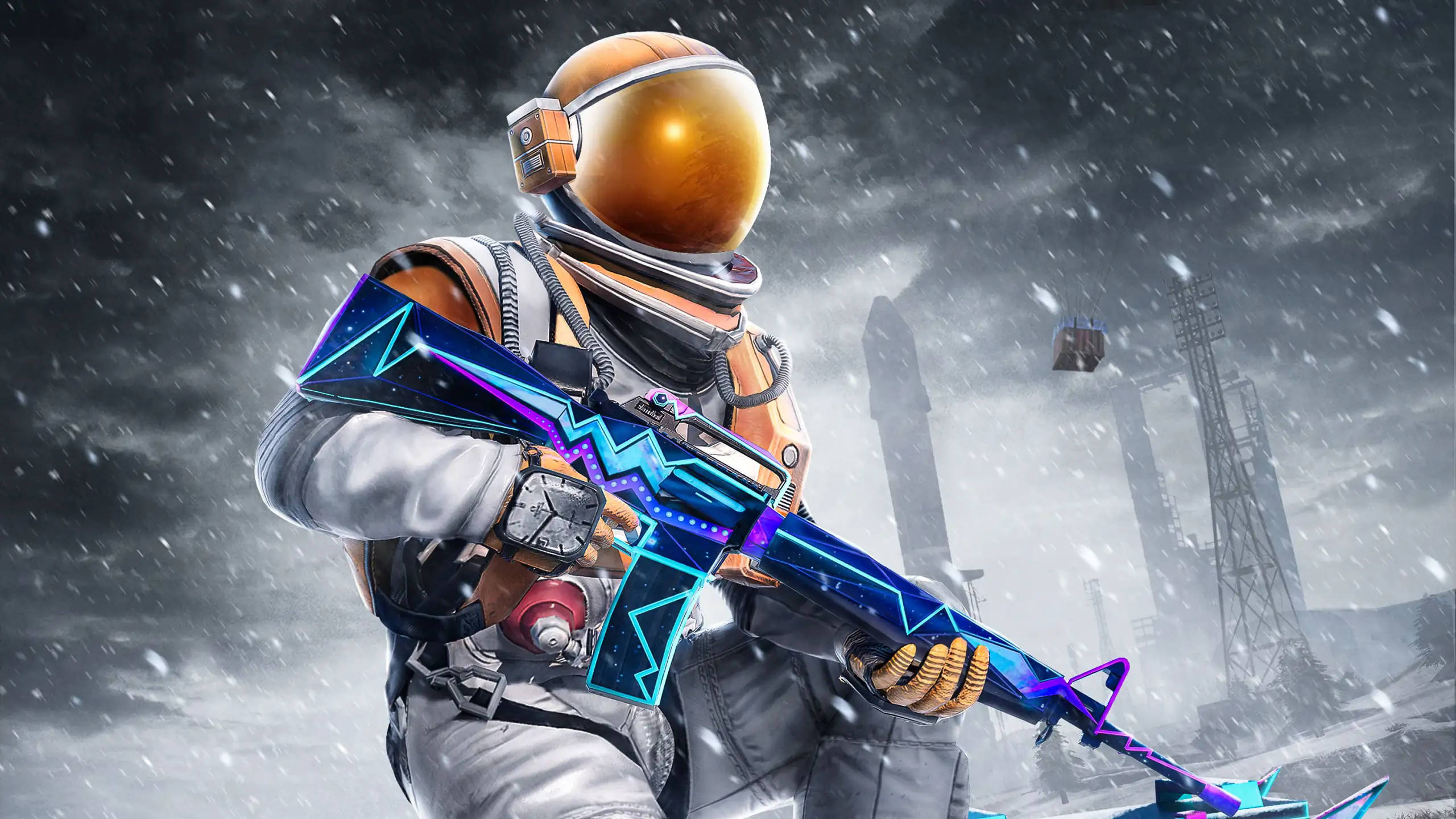 PUBG, armed astronaut, glowing orange helmet, 2K Desktop Wallpaper